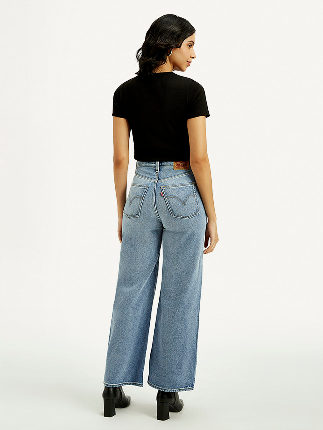 Women's Light Indigo Ribcage Wide Leg Fit High Rise Jeans - Back View