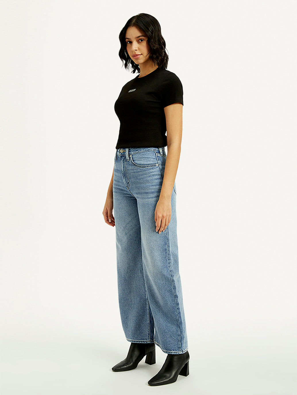 Women's Light Indigo Ribcage Wide Leg Fit High Rise Jeans - Side View