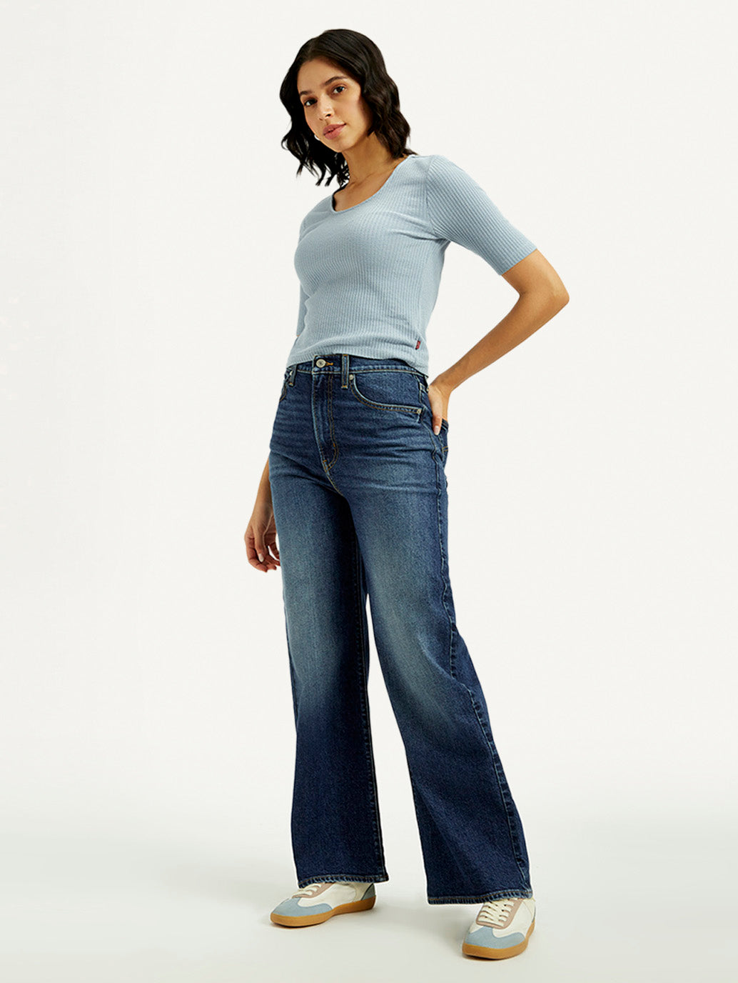 Women's Dark Indigo Ribcage Wide Leg Fit High Rise Jeans - Styleshot View