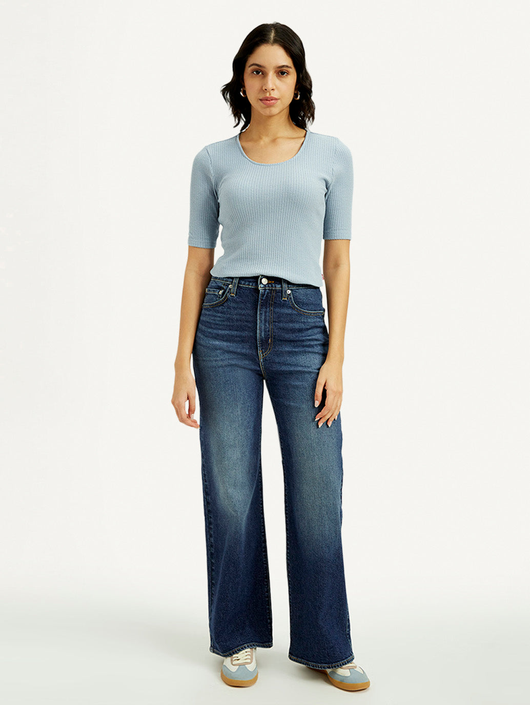 Women's Dark Indigo Ribcage Wide Leg Fit High Rise Jeans - Front View