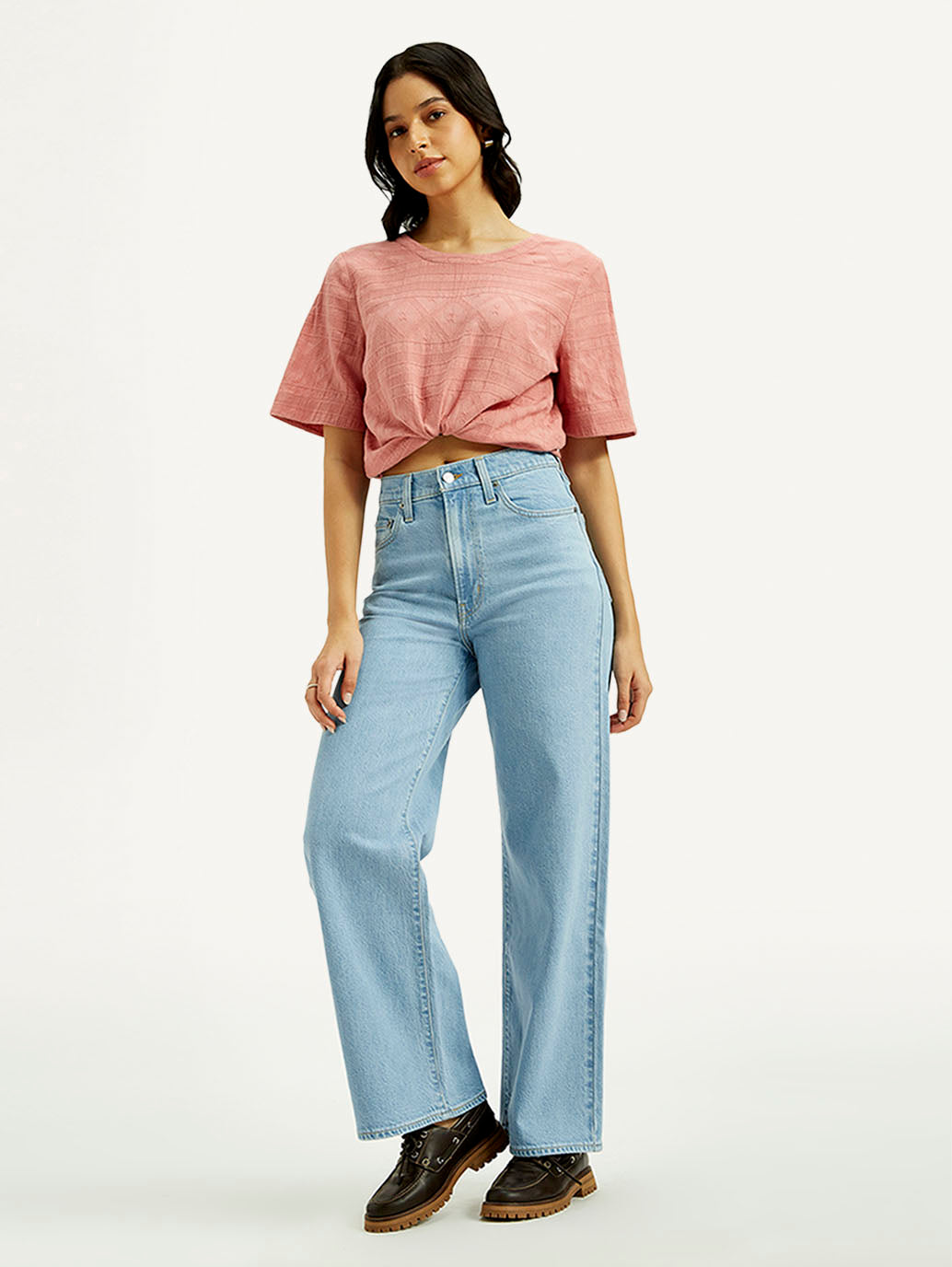 Women's Light Indigo Ribcage Wide Leg Fit High Rise Jeans - Styleshot View