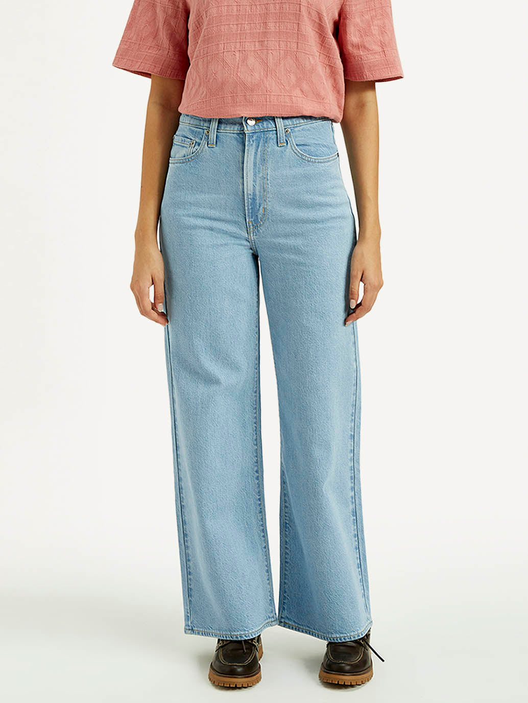 Women's Light Indigo Ribcage Wide Leg Fit High Rise Jeans - Front View