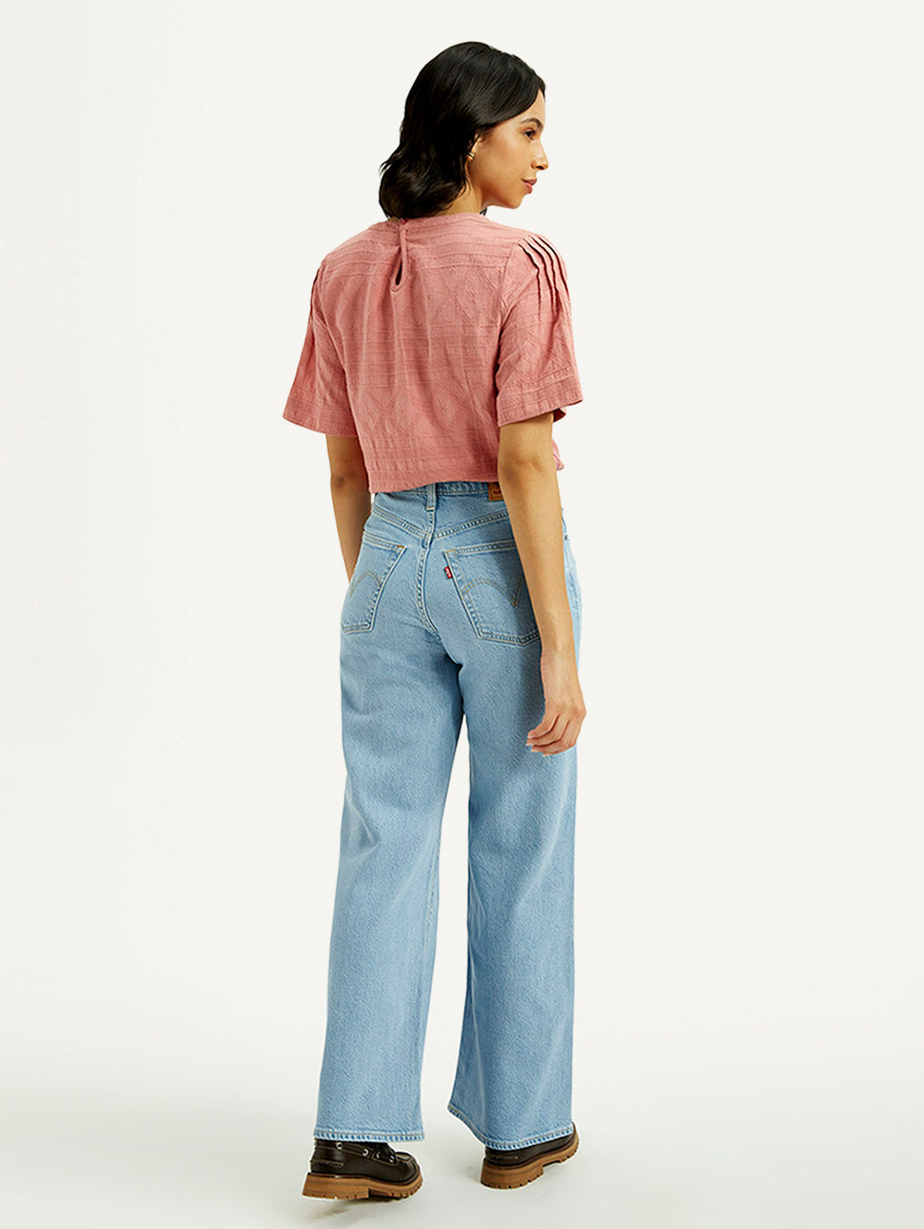 Women's Light Indigo Ribcage Wide Leg Fit High Rise Jeans - Back View