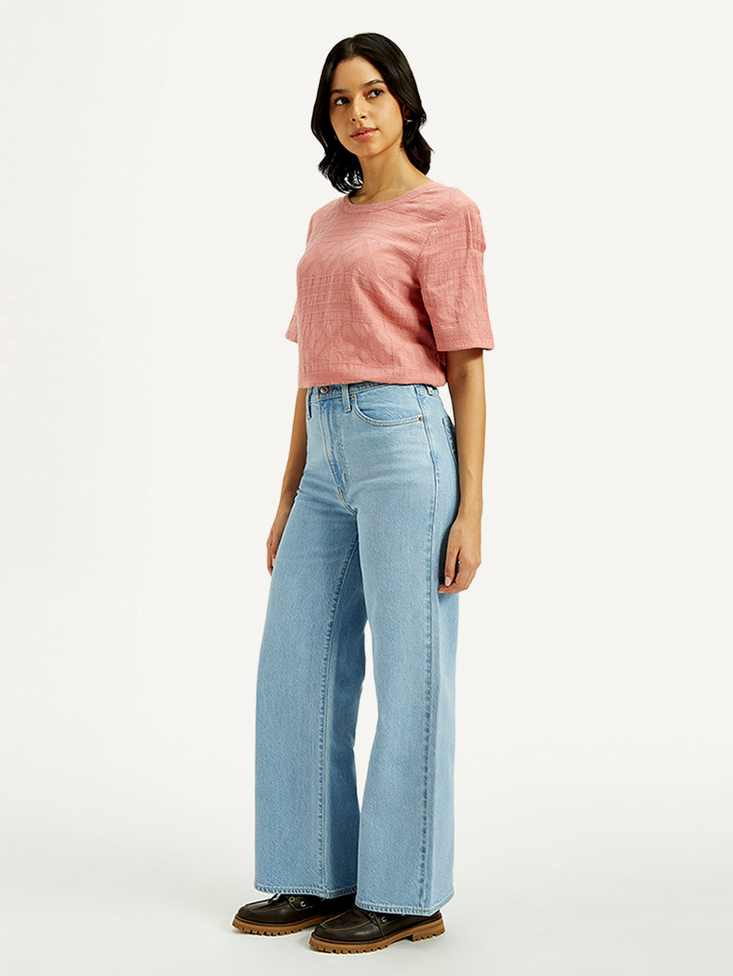 Women's Light Indigo Ribcage Wide Leg Fit High Rise Jeans - Side View