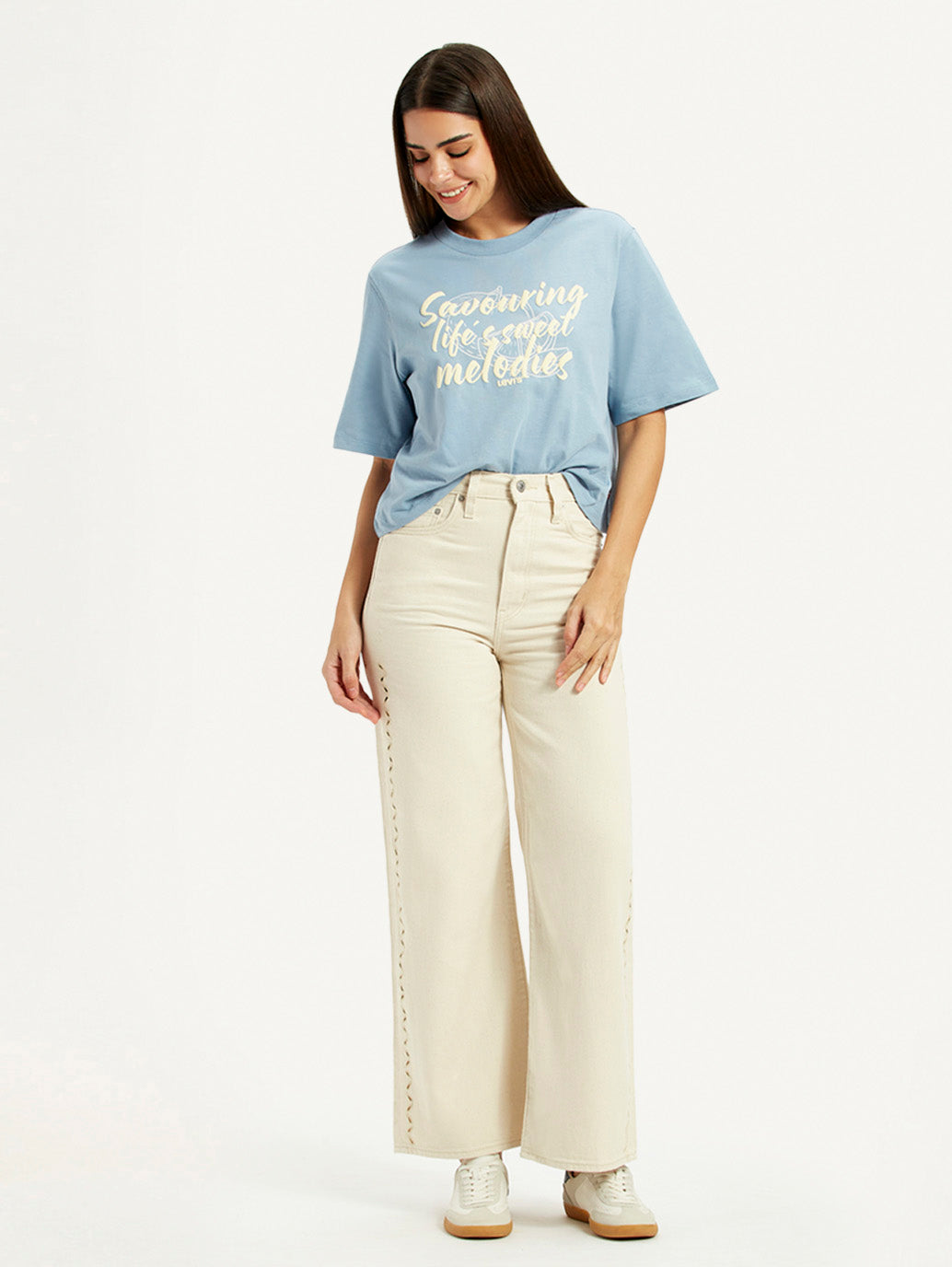 Women's Cream Ribcage Wide Leg Fit High Rise Jeans