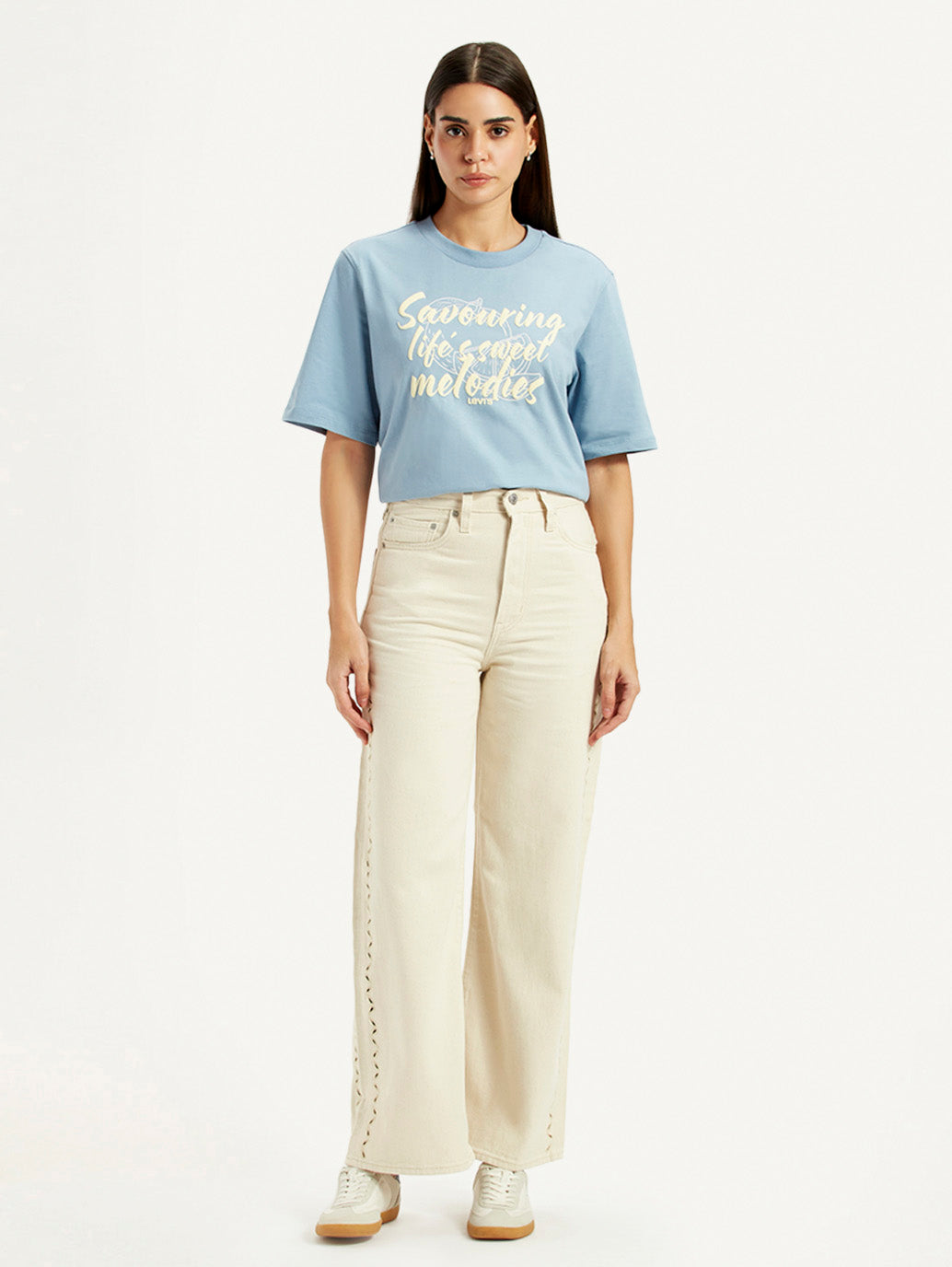 Women's Cream Ribcage Wide Leg Fit High Rise Jeans - Front View