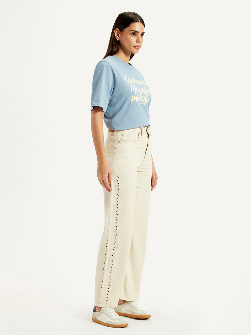 Women's Cream Ribcage Wide Leg Fit High Rise Jeans - Side View