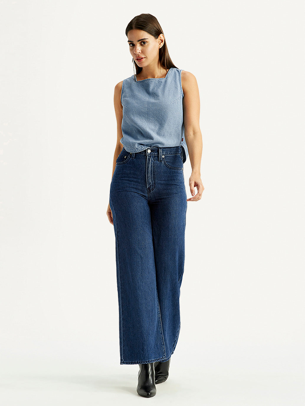 Women's Blue Ribcage Wide Leg Fit Dark High Rise Jeans