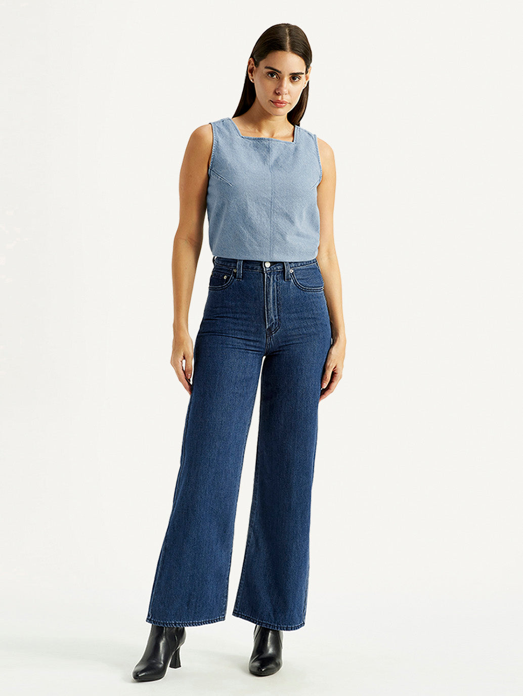 Women's Med Indigo Ribcage Wide Leg Fit Dark High Rise Jeans - Front View