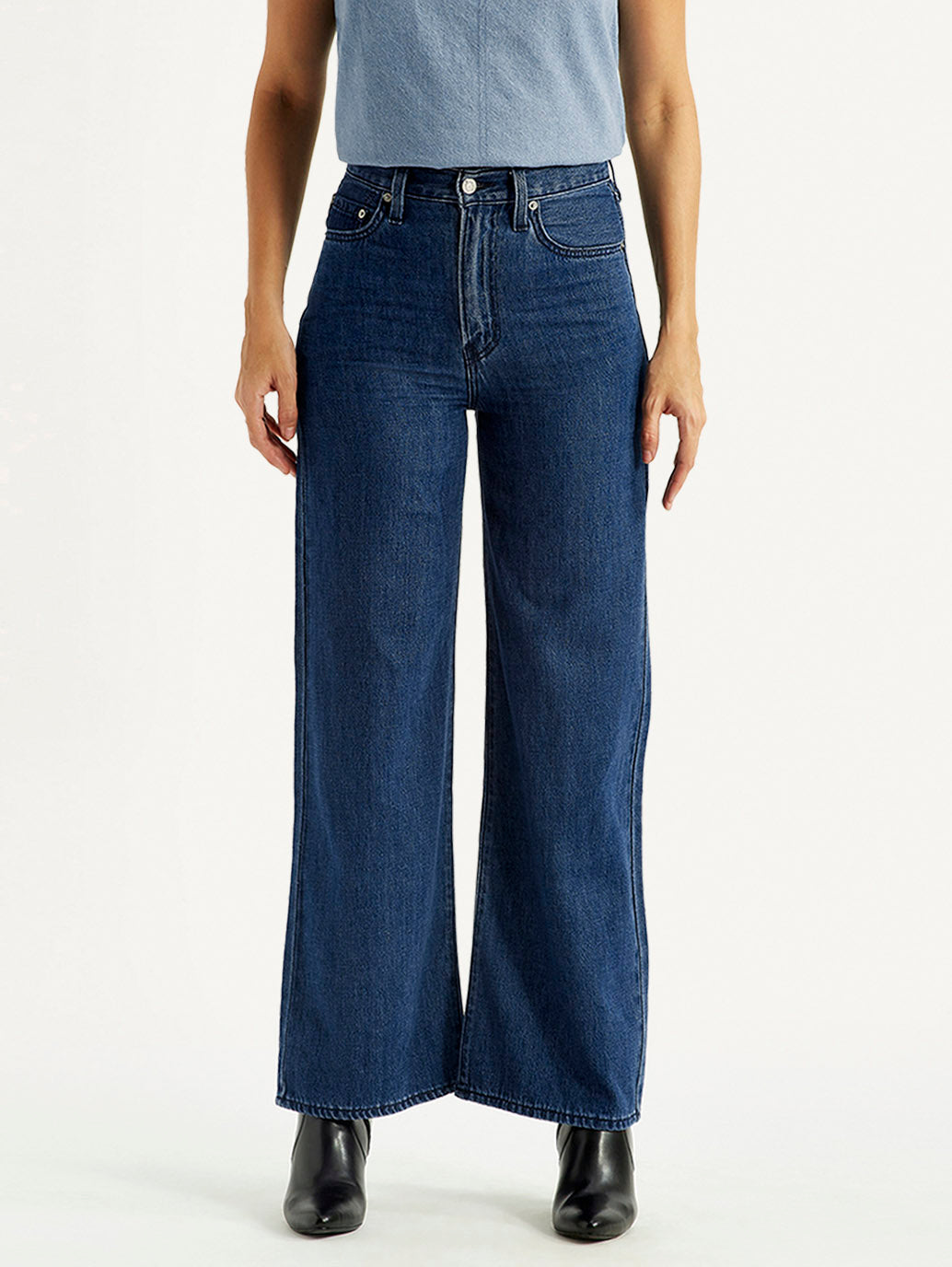 Women's Med Indigo Ribcage Wide Leg Fit Dark High Rise Jeans