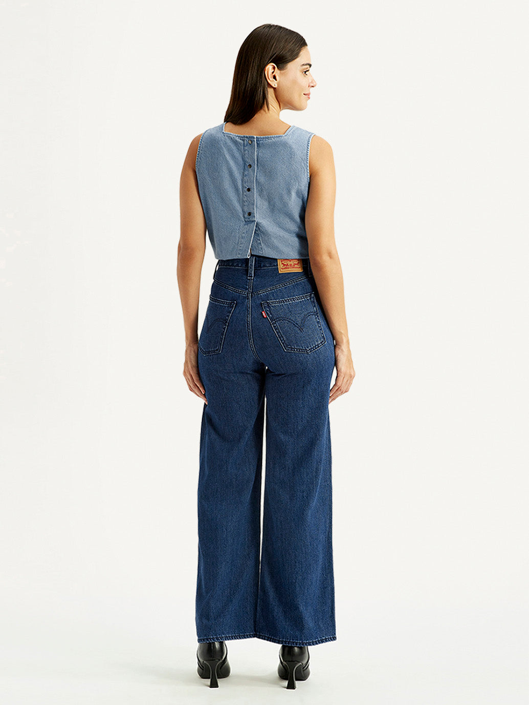 Women's Med Indigo Ribcage Wide Leg Fit Dark High Rise Jeans - Back View