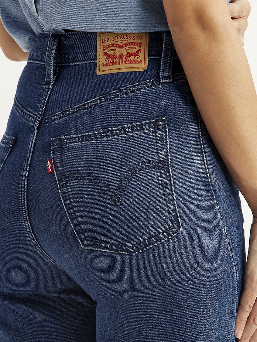 Women's Med Indigo Ribcage Wide Leg Fit Dark High Rise Jeans - Detail View