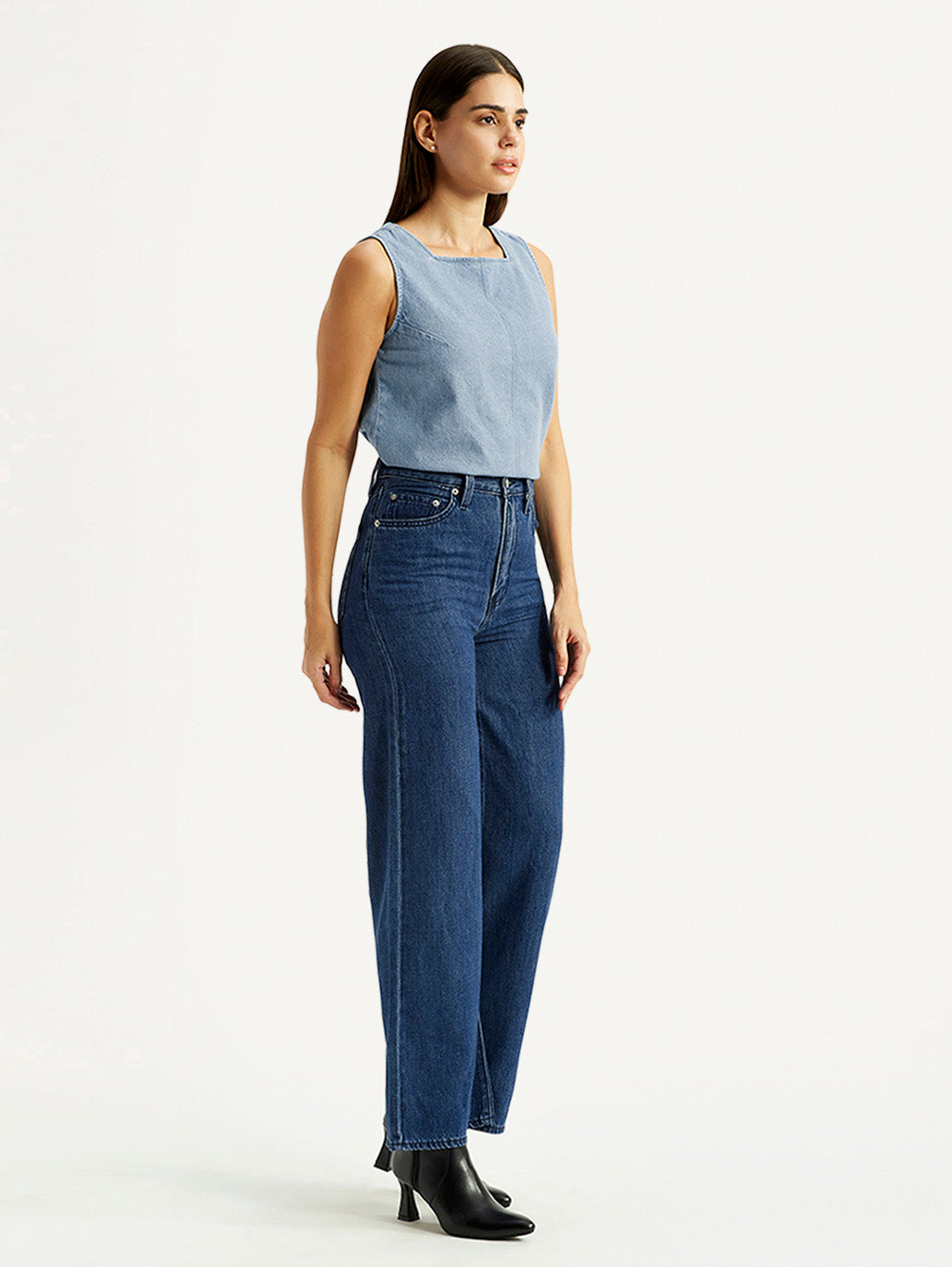 Women's Med Indigo Ribcage Wide Leg Fit Dark High Rise Jeans - Side View