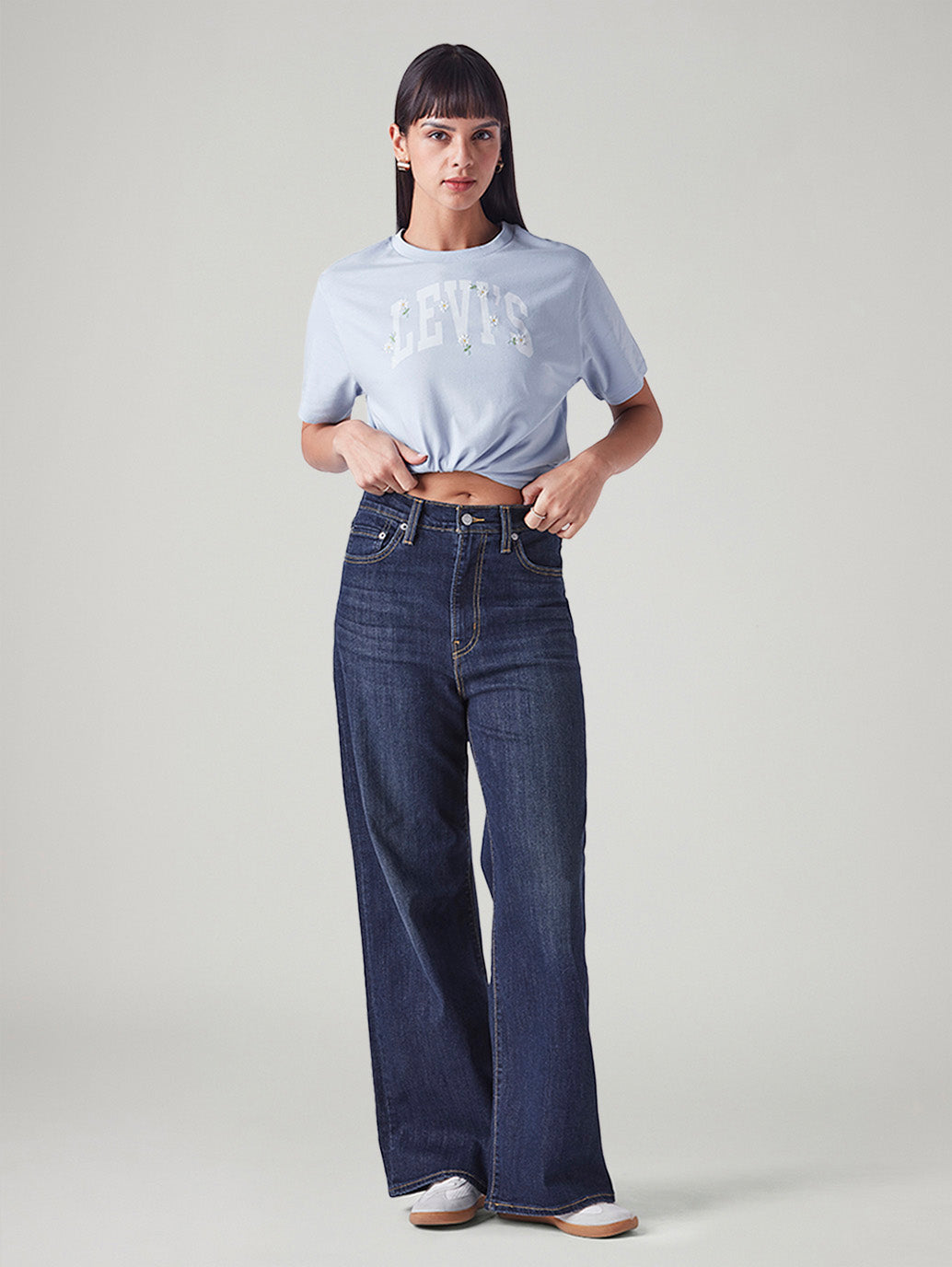Women's Dark Blue Ribcage Wide Leg Fit High Rise Jeans - Styleshot View