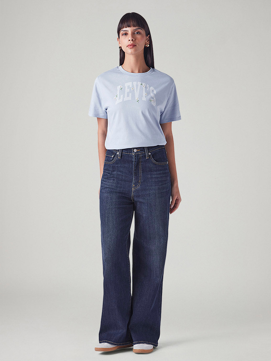 Women's Dark Blue Ribcage Wide Leg Fit High Rise Jeans - Front View