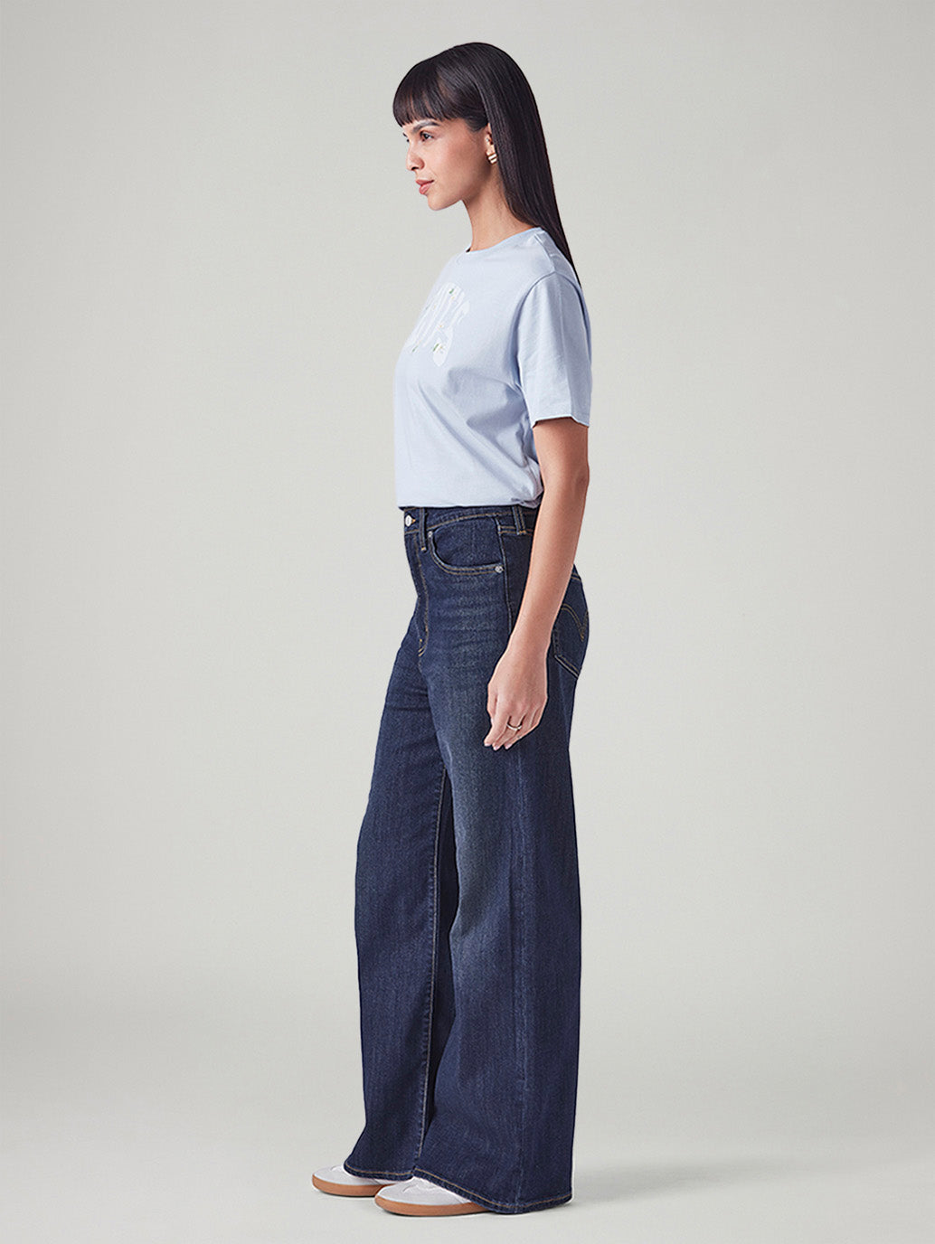 Women's Dark Blue Ribcage Wide Leg Fit High Rise Jeans - Side View