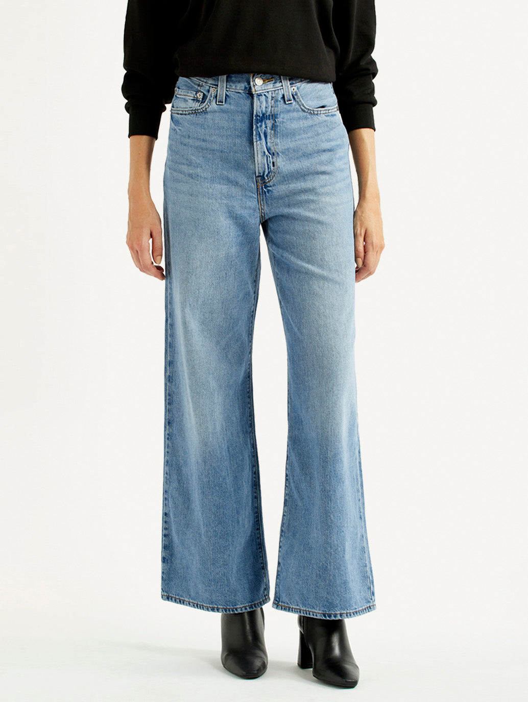 Women's Light Blue Ribcage Wide Leg Fit High Rise Jeans - Front View