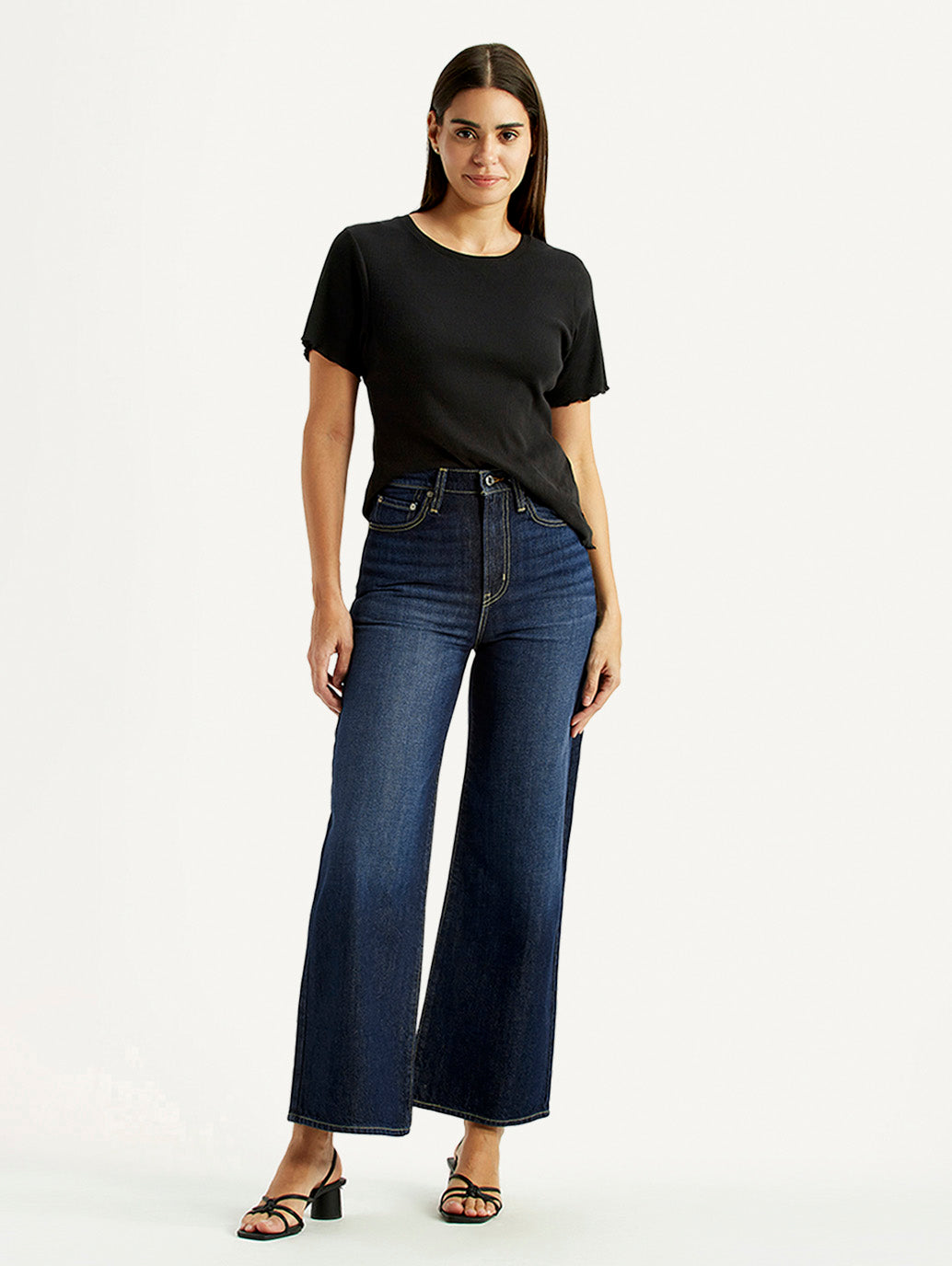 Women's Tinted Navy Blue Ribcage Wide Leg Fit High Rise Jeans - Styleshot View