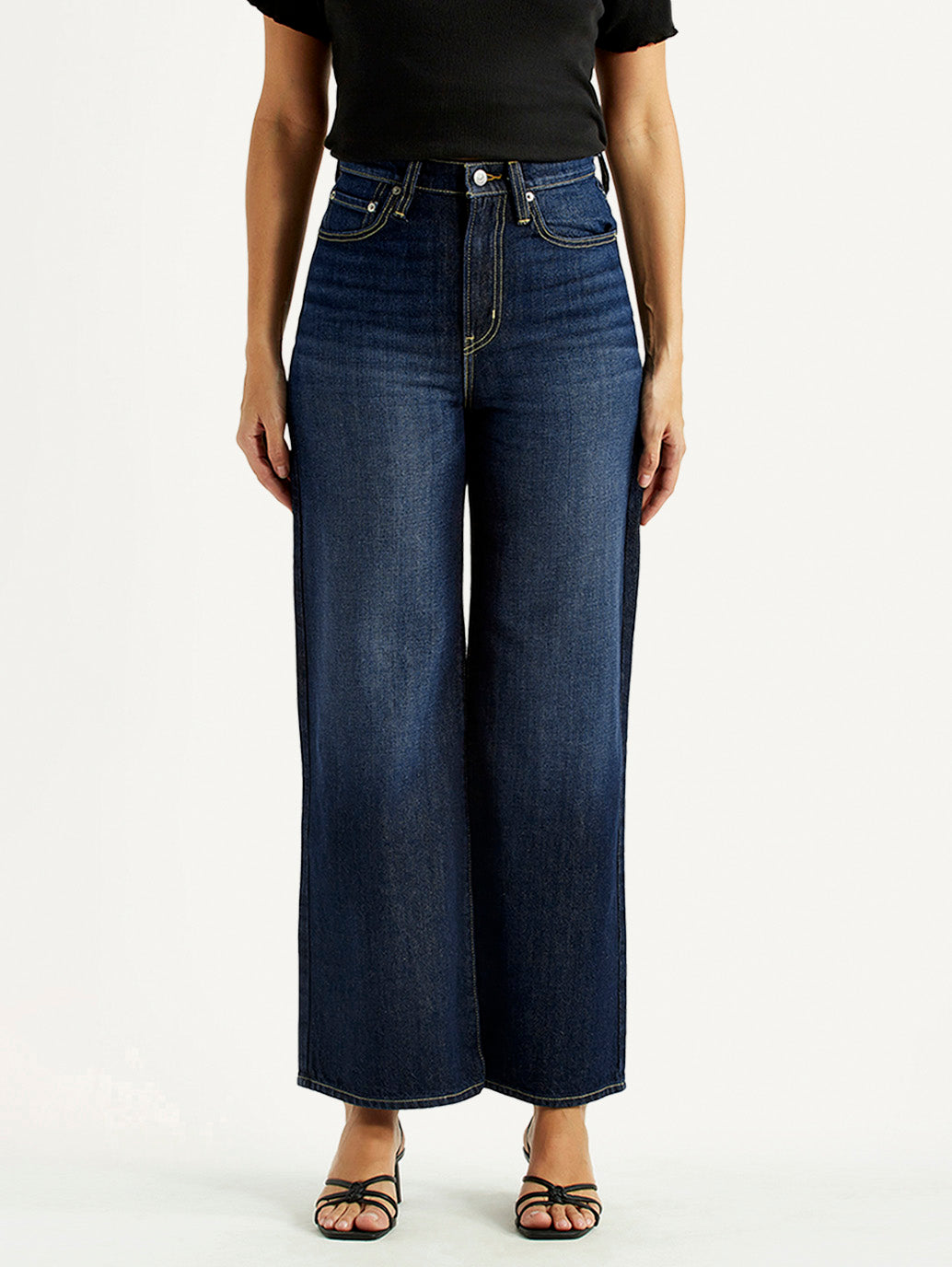 Women's Tinted Dark Indigo Ribcage Wide Leg Fit High Rise Jeans - Front View
