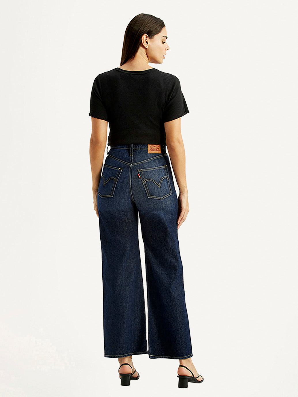 Women's Tinted Navy Blue Ribcage Wide Leg Fit High Rise Jeans - Back View