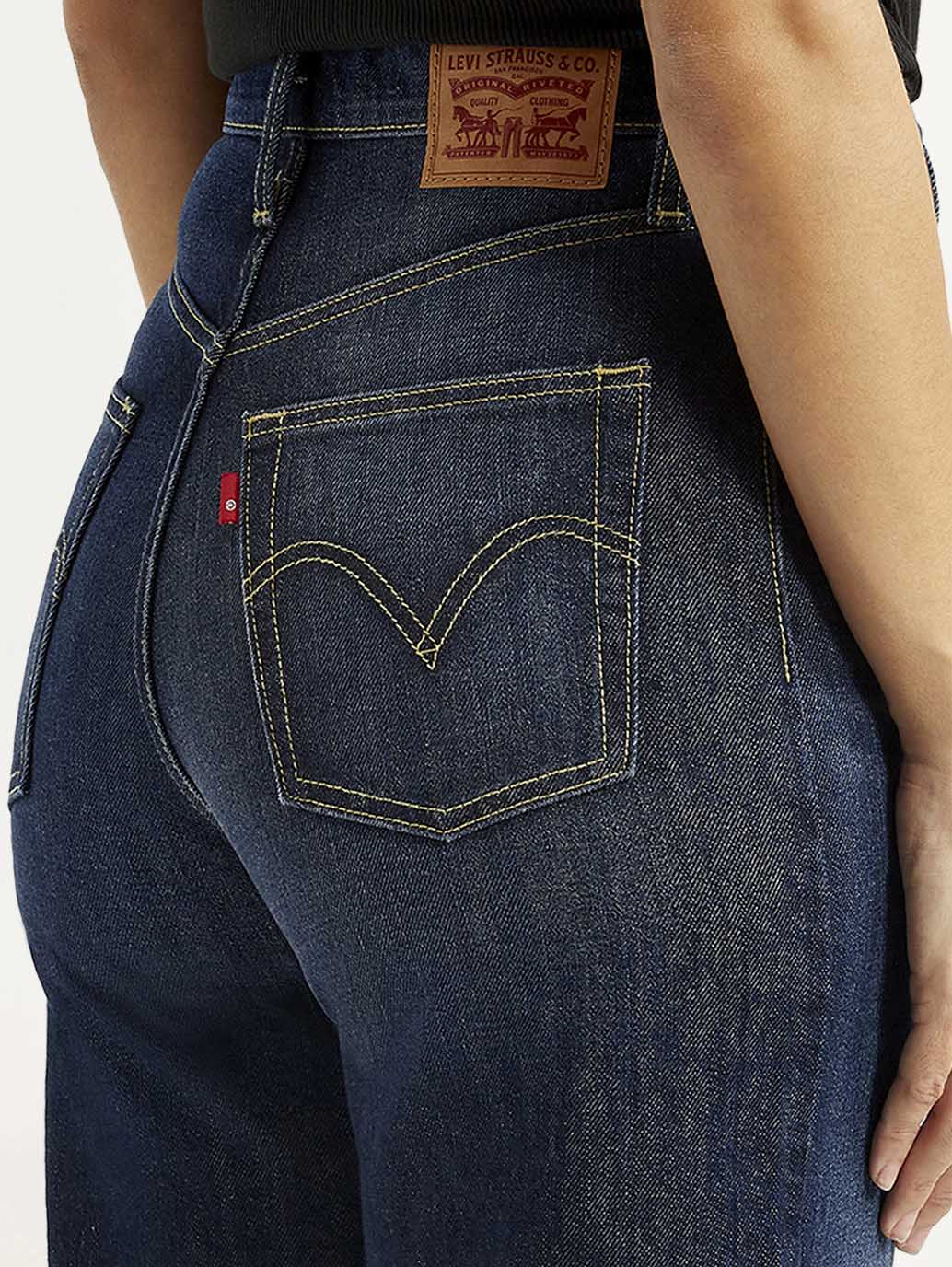 Women's Tinted Navy Blue Ribcage Wide Leg Fit High Rise Jeans - Detail View