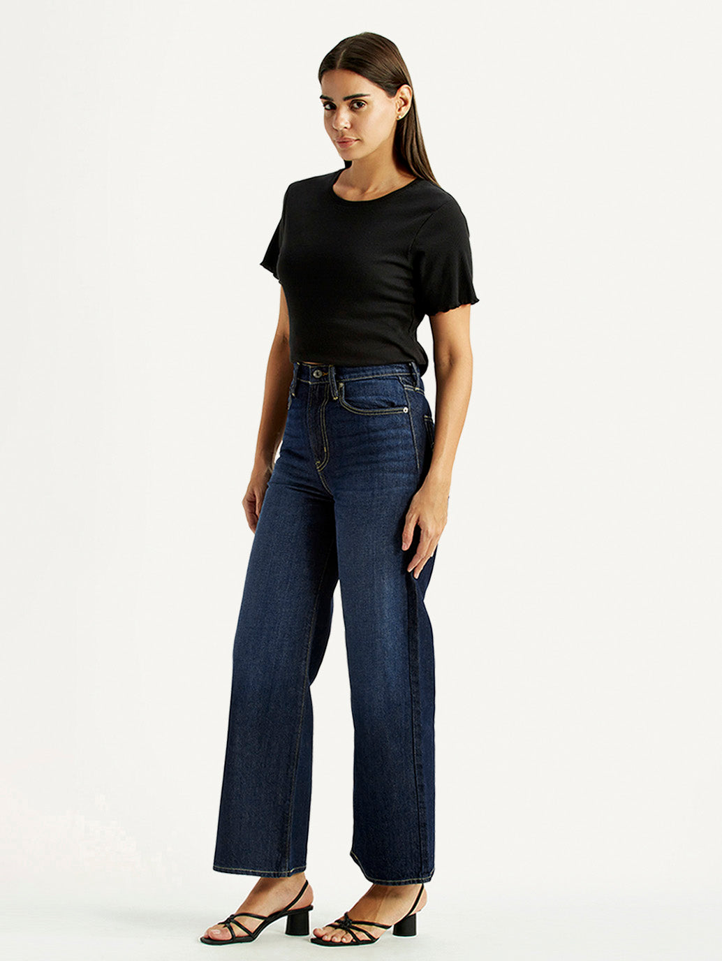 Women's Tinted Navy Blue Ribcage Wide Leg Fit High Rise Jeans - Side View
