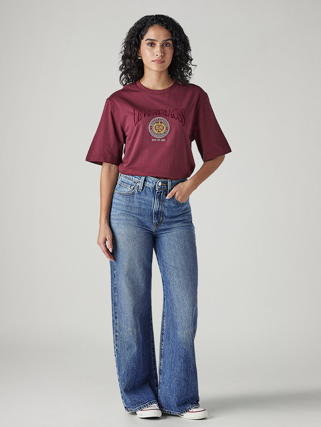 Women's Med Indigo Ribcage Wide Leg Fit High Rise Jeans - Front View