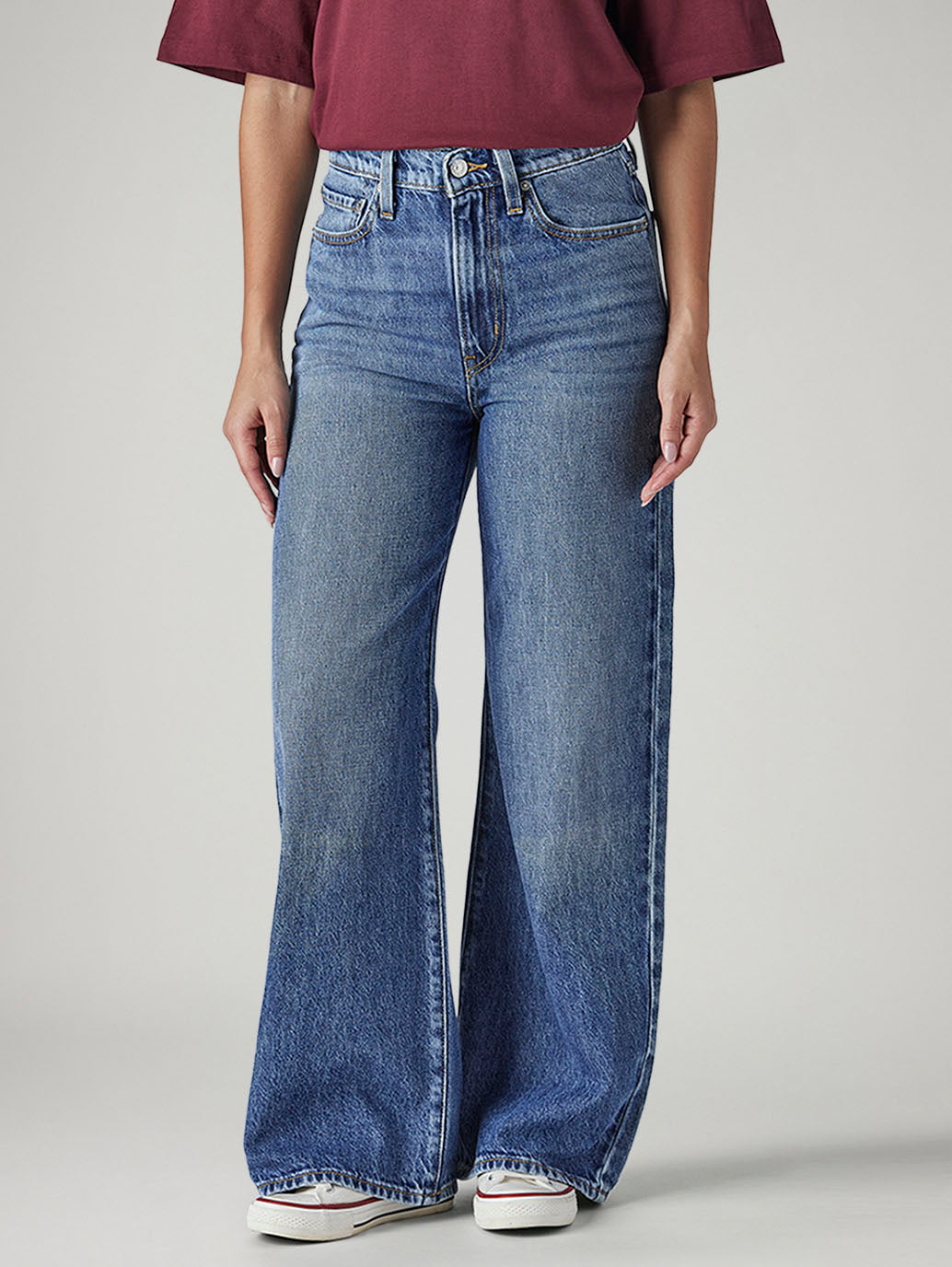 Women's Med Indigo Ribcage Wide Leg Fit High Rise Jeans - Front View