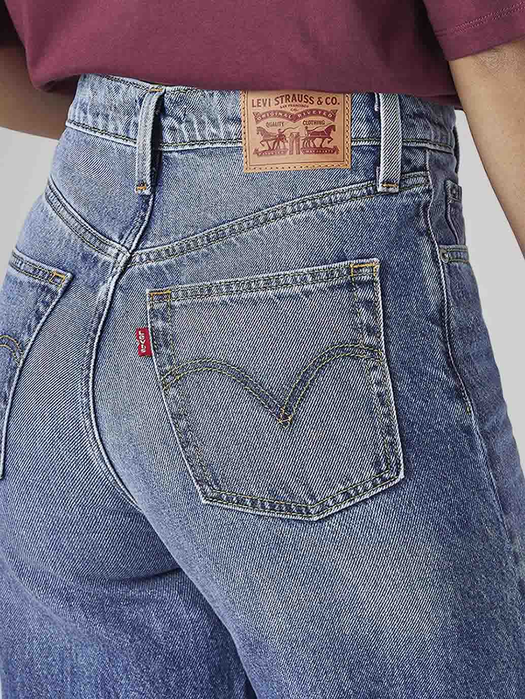 Women's Med Indigo Ribcage Wide Leg Fit High Rise Jeans - Detail View