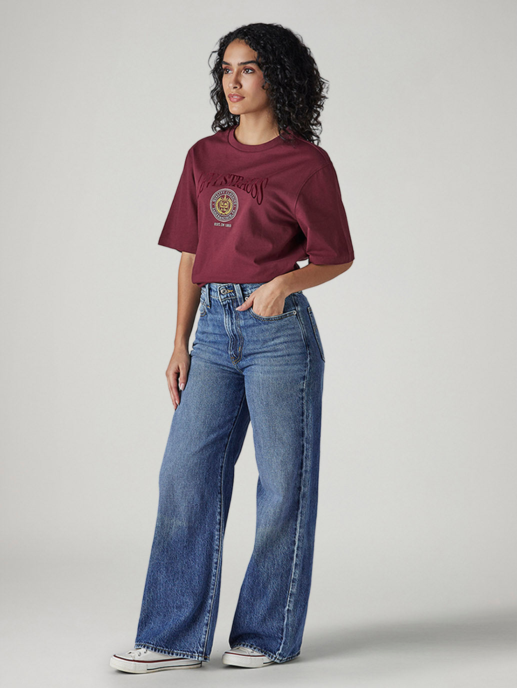 Women's Med Indigo Ribcage Wide Leg Fit High Rise Jeans - Side View