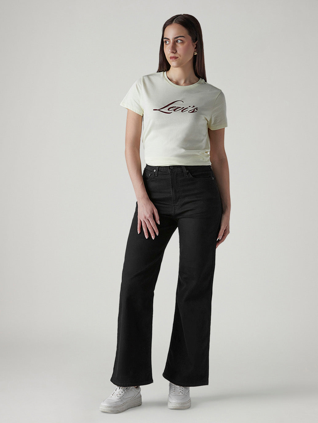 Women's Black Ribcage Wide Leg Fit High Rise Jeans - Front View