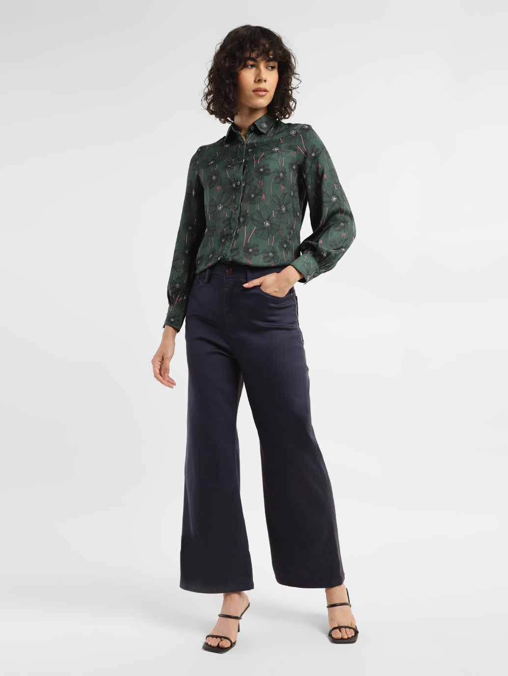 Women's Redloop Navy Blue Ribcage Bell Bottom Wide Leg Fit High Rise Jeans