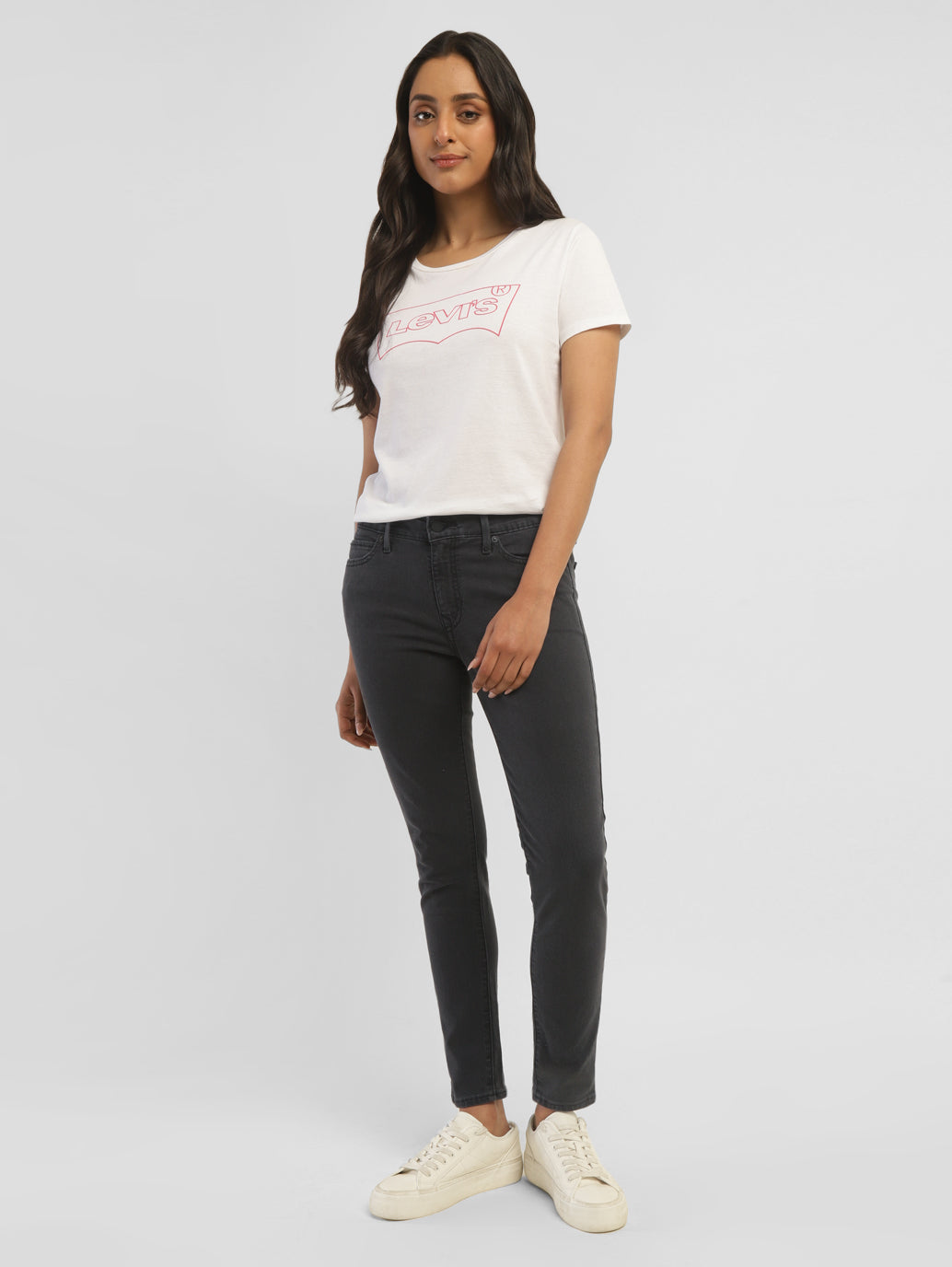 Women's 711 Black Skinny Fit Mid Rise Jeans - ModelFront View