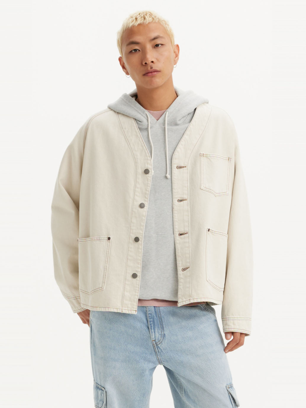 Men's Solid Cream V Neck Denim Jacket