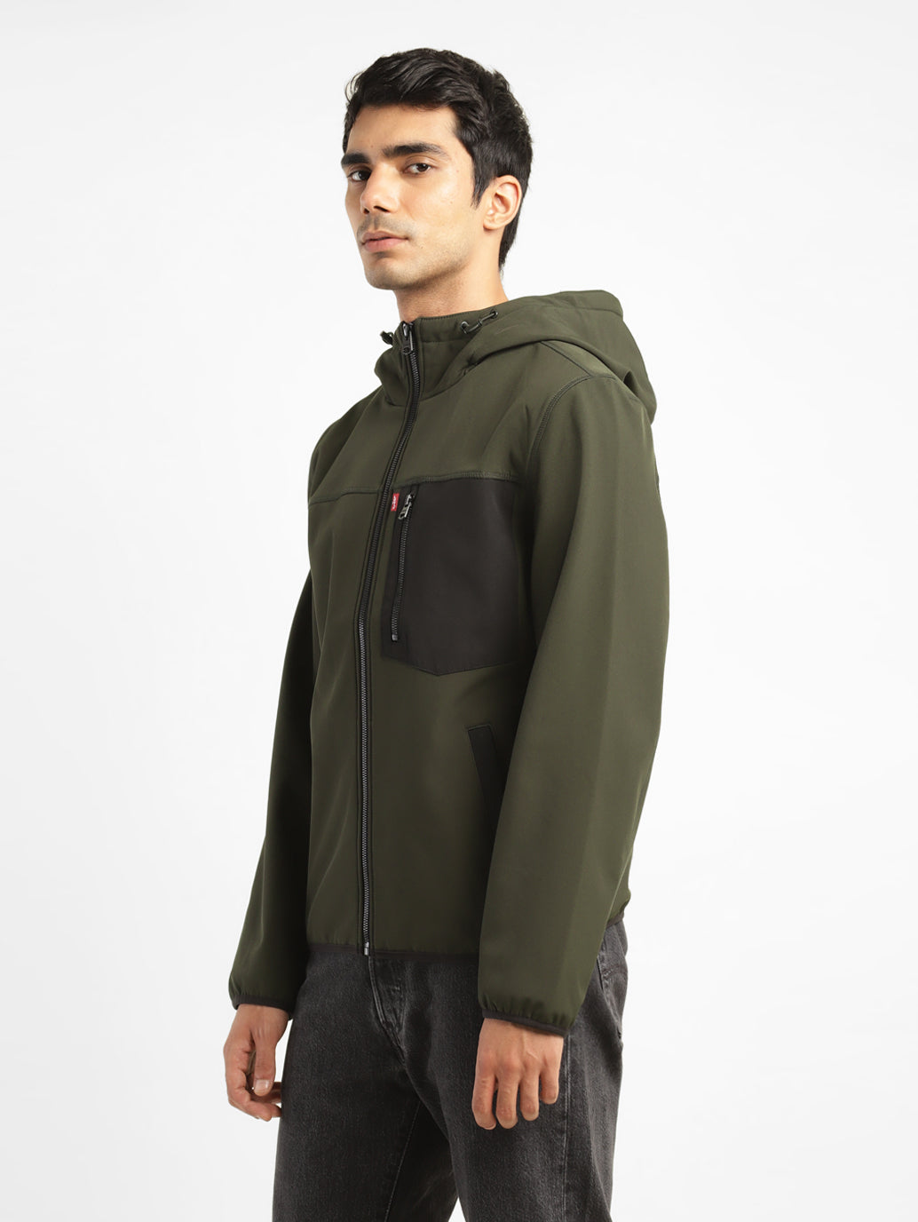 Men's Solid Olive Hooded Jacket