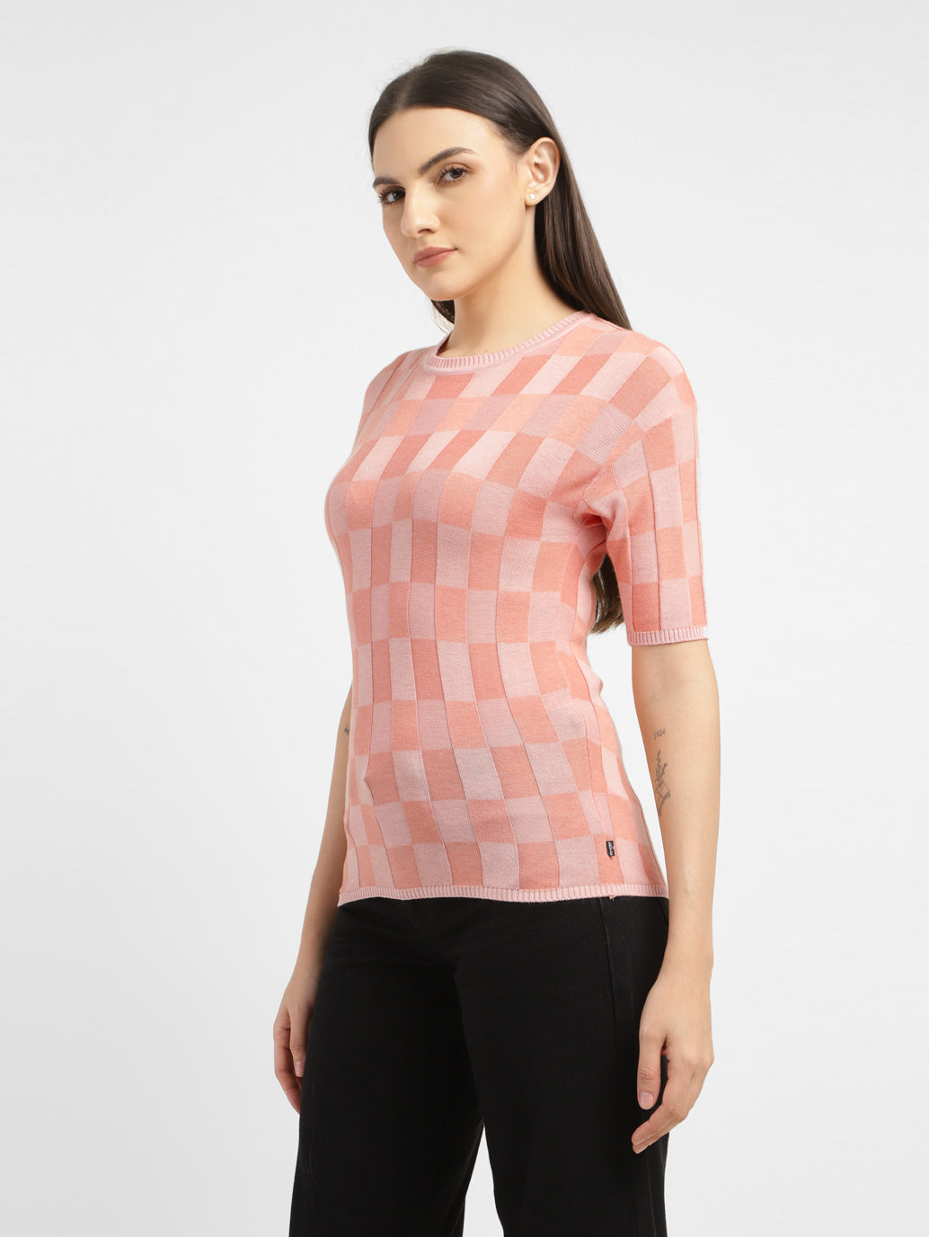 Women's Checked Crew Neck Top