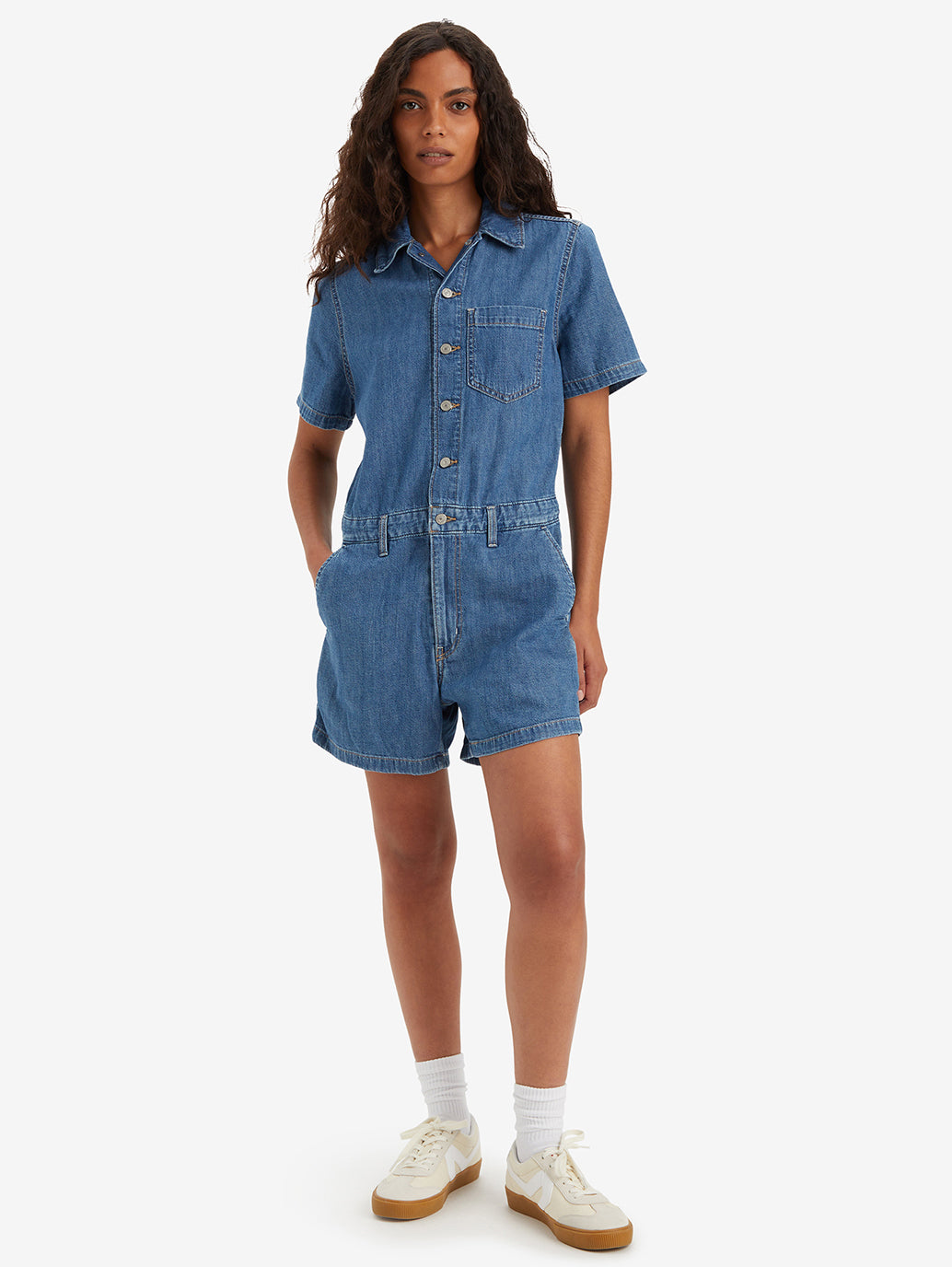 Women's Solid Blue Spread Collar Romper