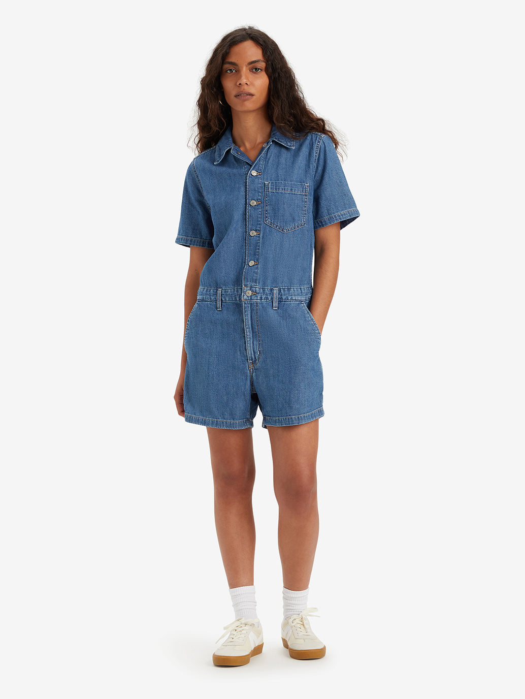 Women's Solid Blue Spread Collar Romper