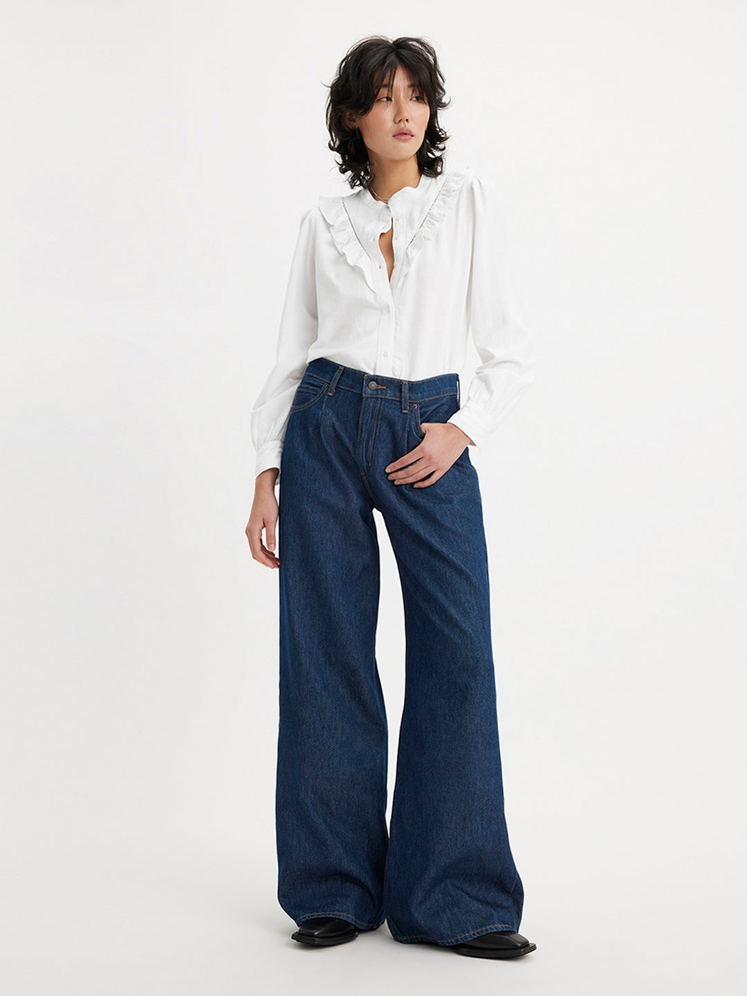 Women's High Rise Baggy Wide Leg Navy Jeans