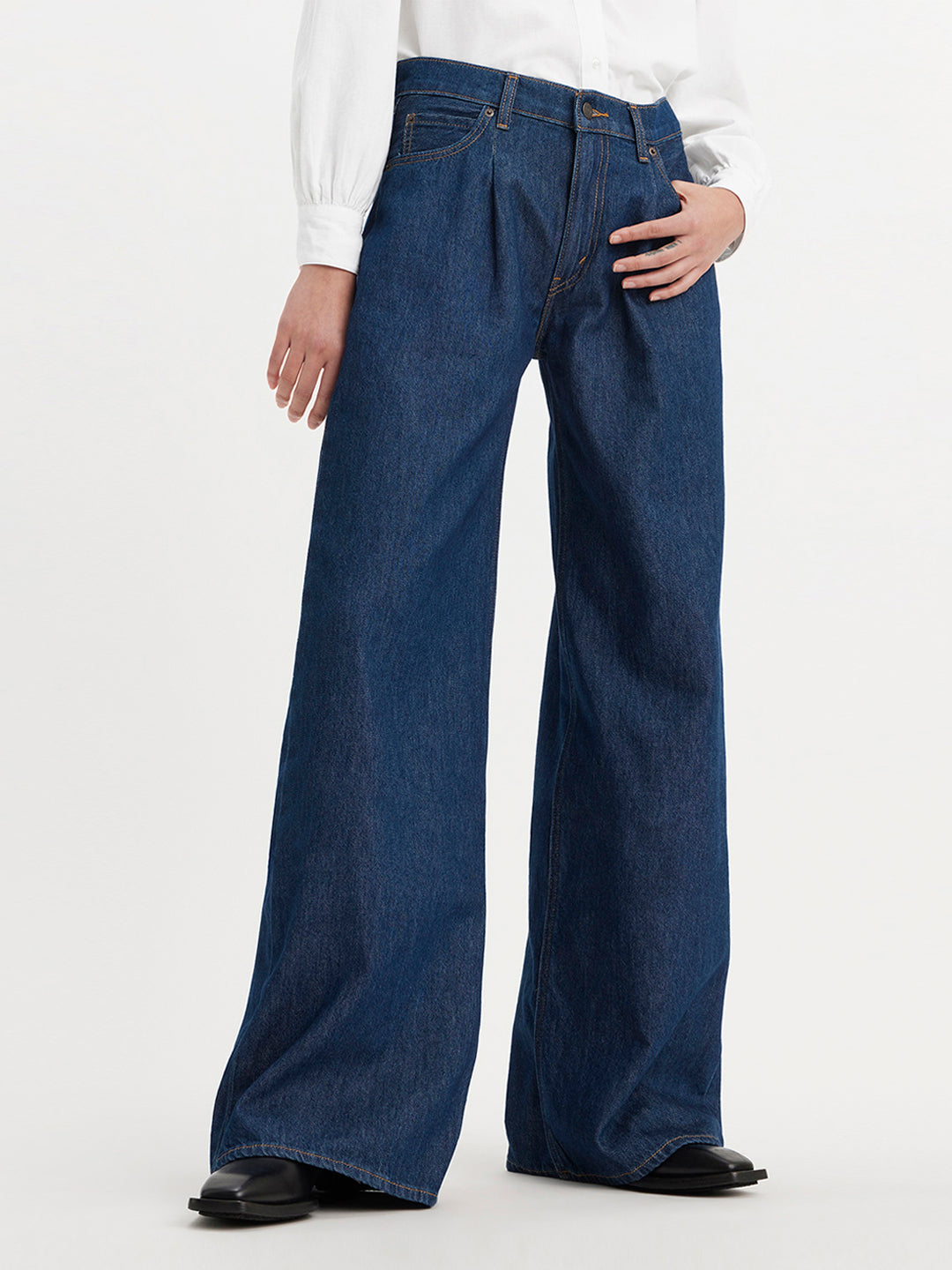 Women's Navy Blue Baggy Dad Wide Leg Fit High Rise Jeans