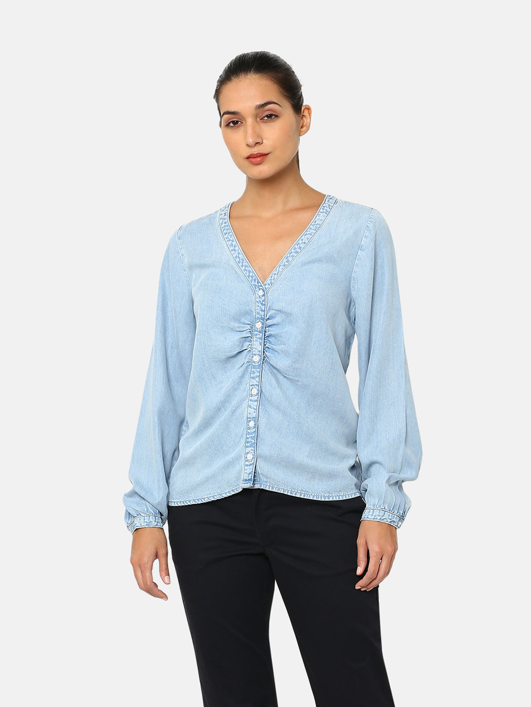 Women's Solid Blue V Neck Lace Top