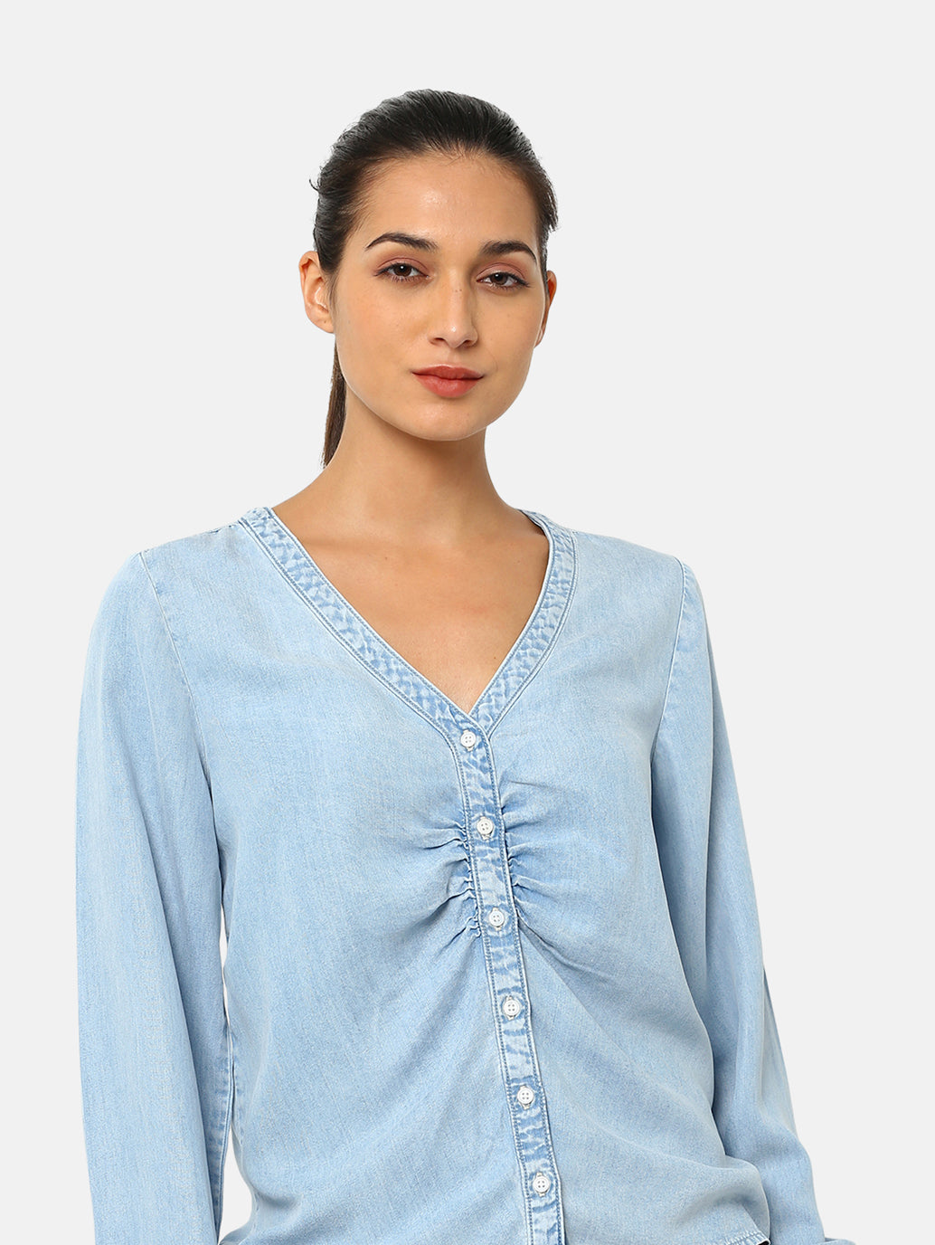 Women's Solid Blue V Neck Lace Top