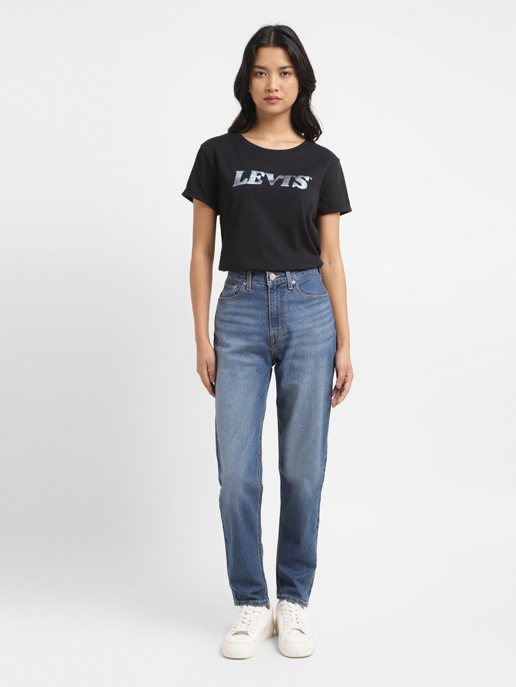 Women's Blue Loose Fit High Rise Mom Jeans