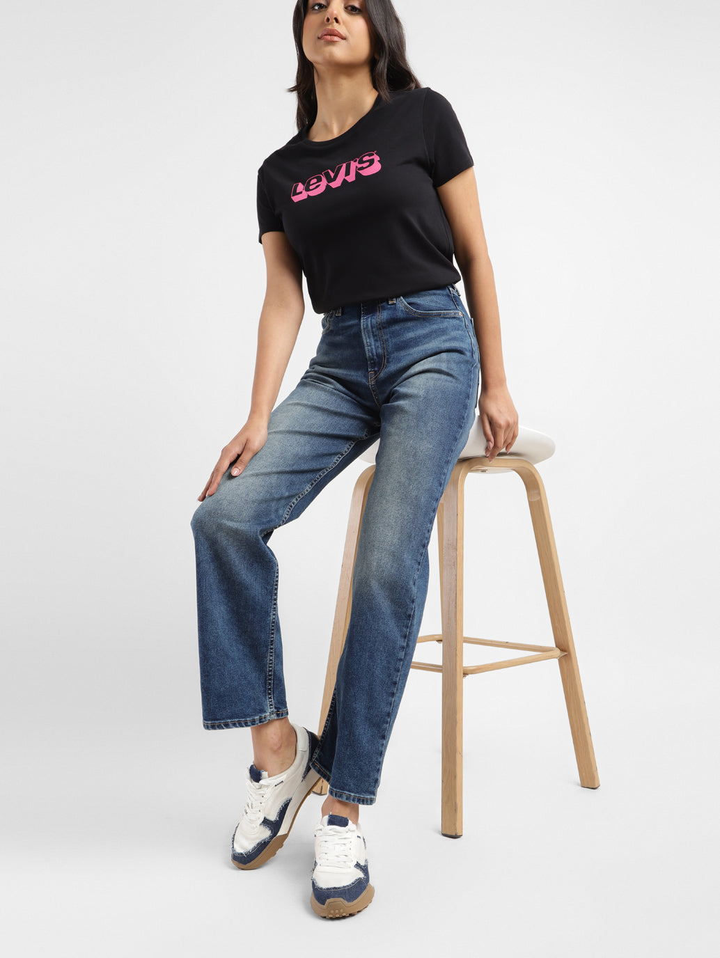 Women's Blue Ribcage Straight Fit Mid Rise Jeans