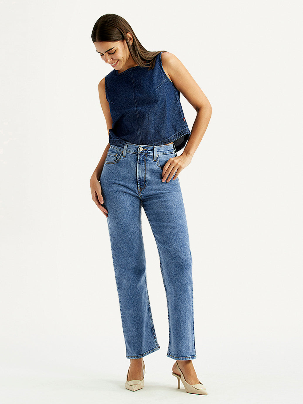 Women's Med Indigo Ribcage Straight Fit High Rise Jeans