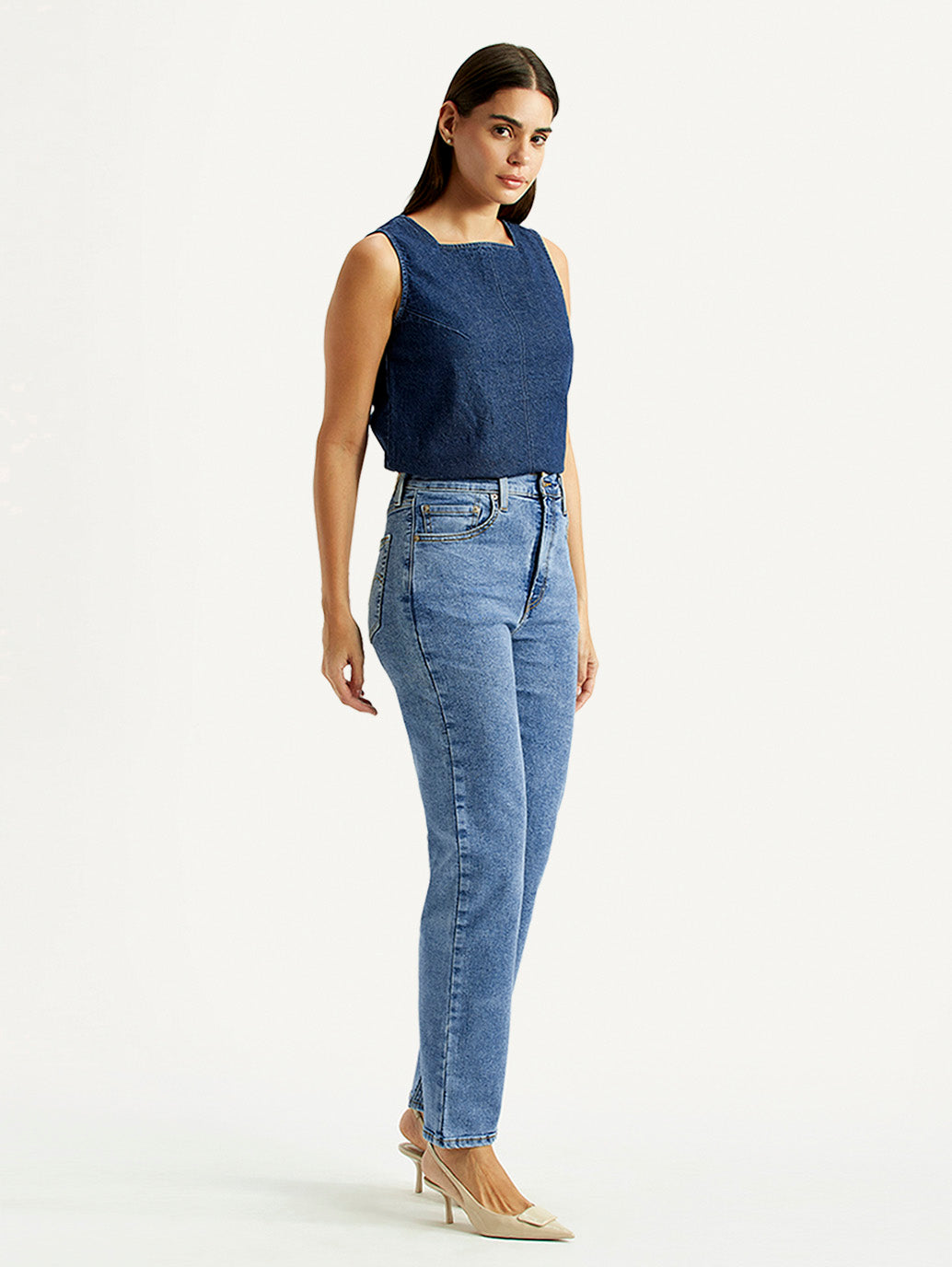 Women's Blue Ribcage Straight Fit High Rise Jeans - Side View