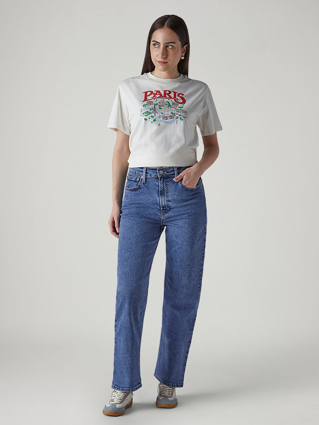 Women's Med Indigo Ribcage Straight High Rise Jeans - Front View