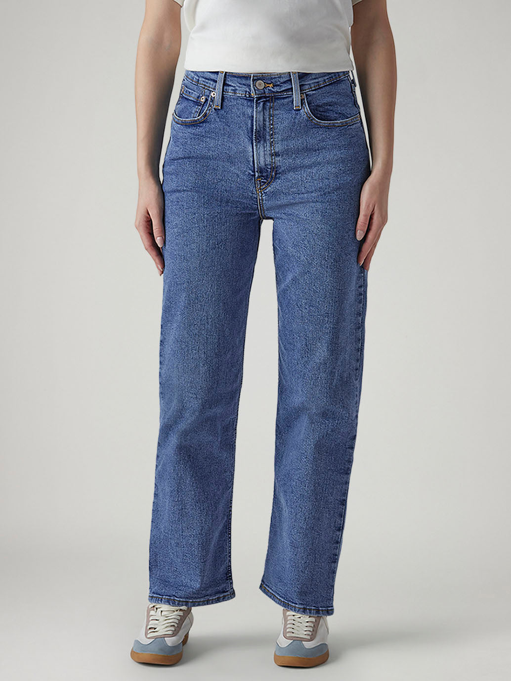 Women's Med Indigo Ribcage Straight High Rise Jeans - Front View