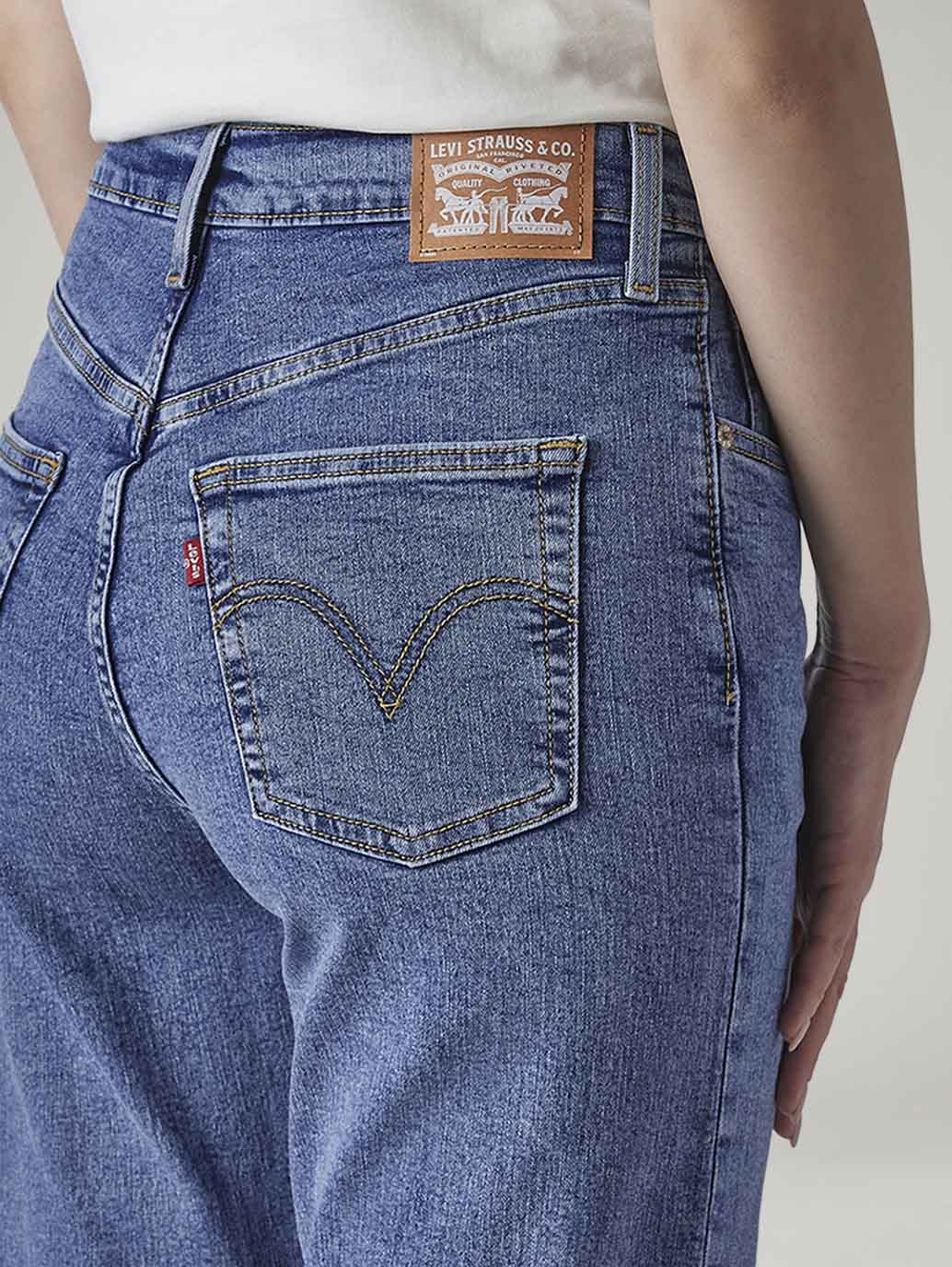 Women's Med Indigo Ribcage Straight High Rise Jeans - Detail View