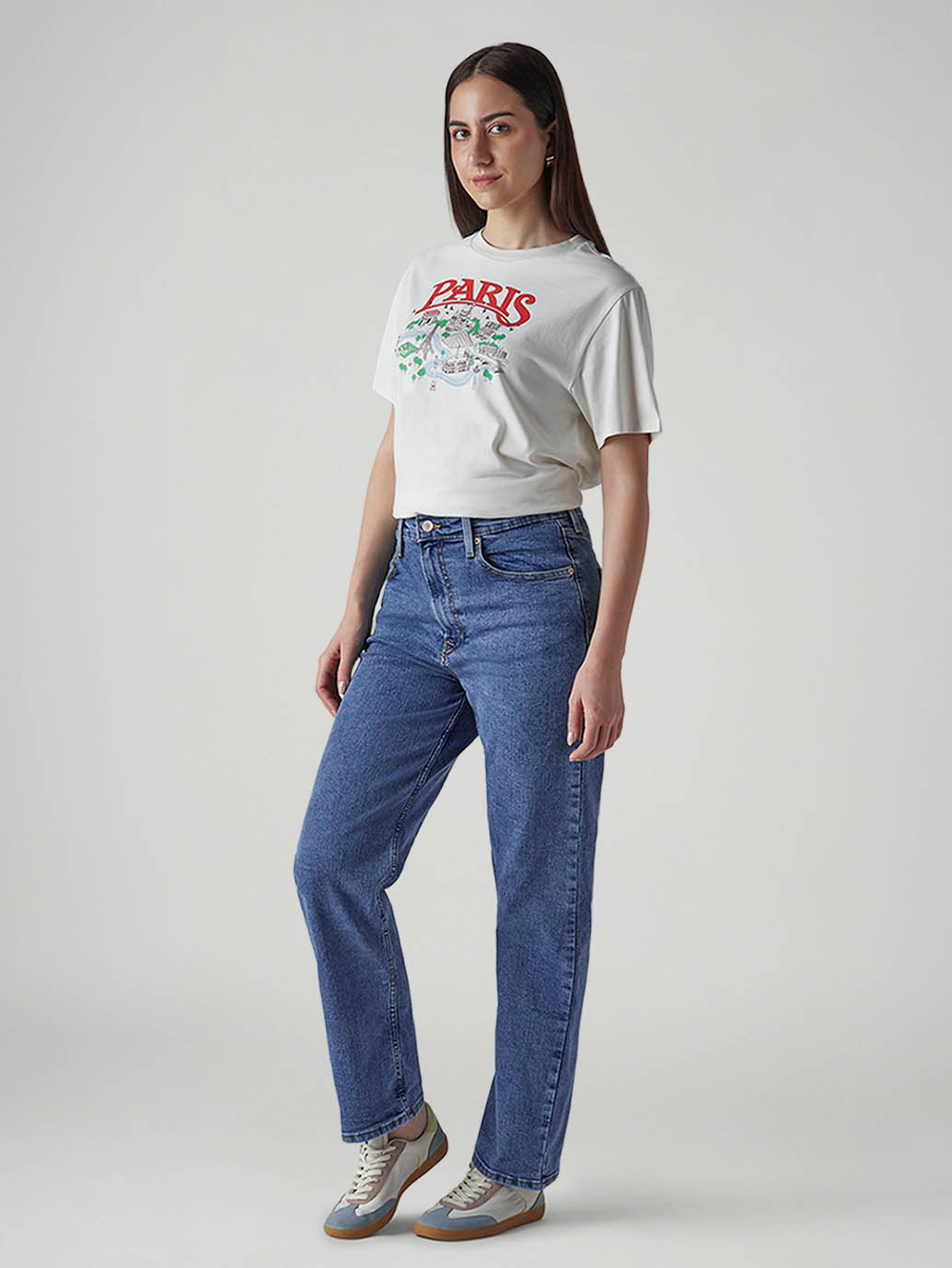 Women's Med Indigo Ribcage Straight High Rise Jeans - Side View